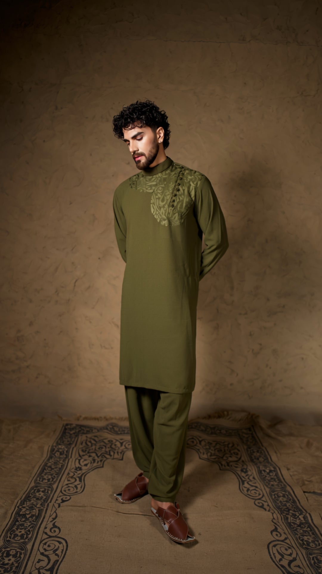 Green Embroidered Mongfol Kurta Salwar with Scarf