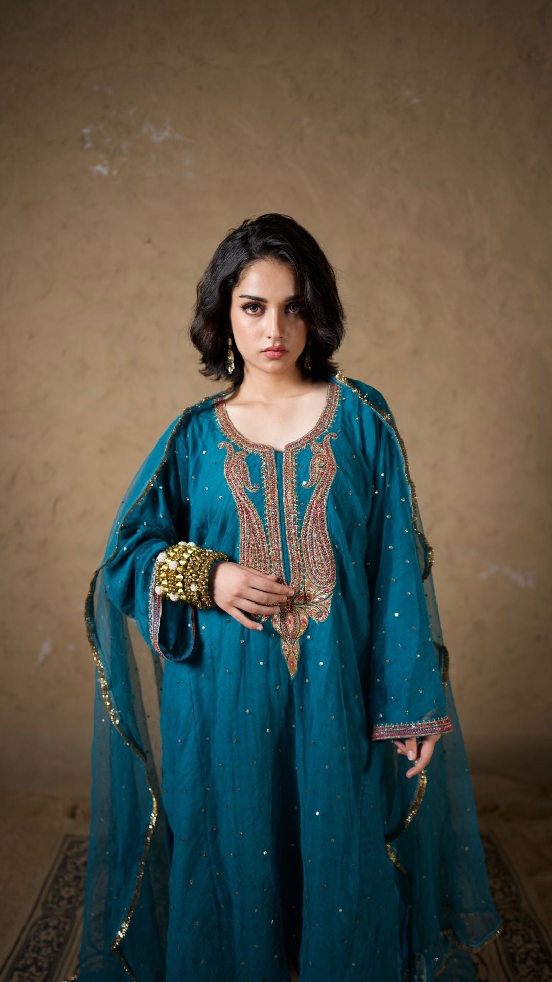 Blue Tilla and Hand Embroidered Pheran Salwar Dupatta