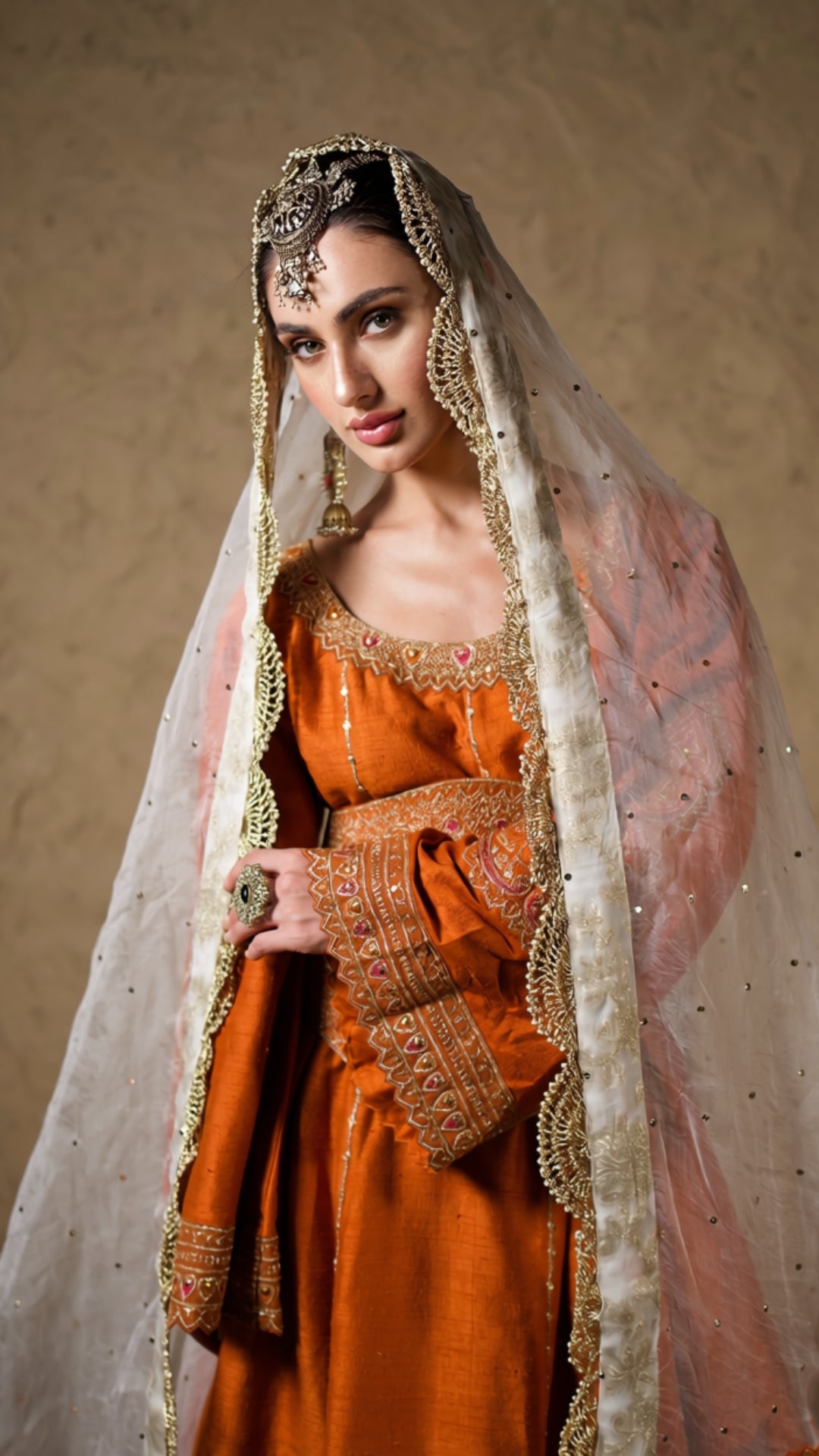 Burnt Orange Tilla Embroidered Kalidar Corset & Kali Sharara with Embroidered Dupatta