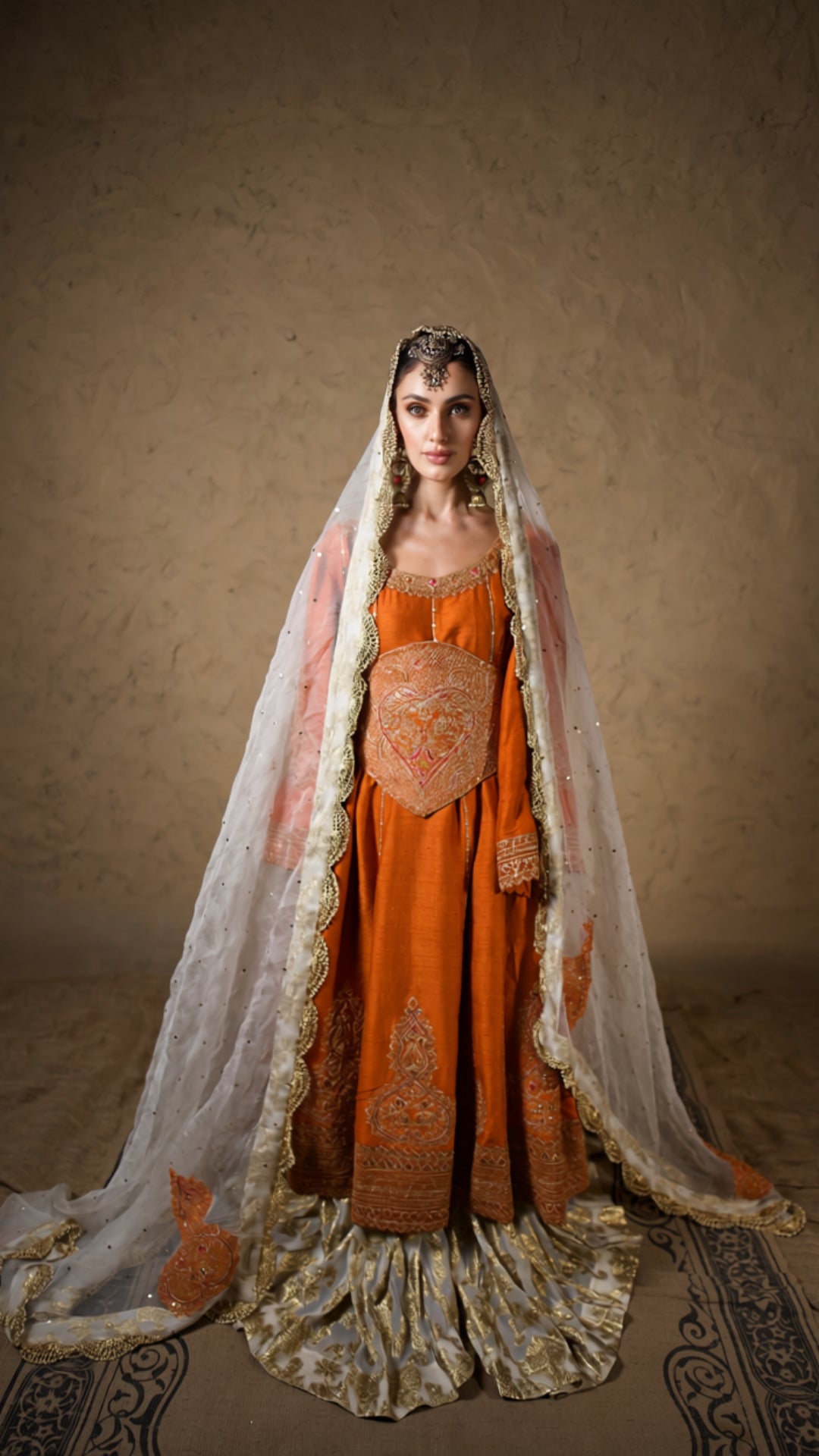 Burnt Orange Tilla Embroidered Kalidar Corset & Kali Sharara with Embroidered Dupatta