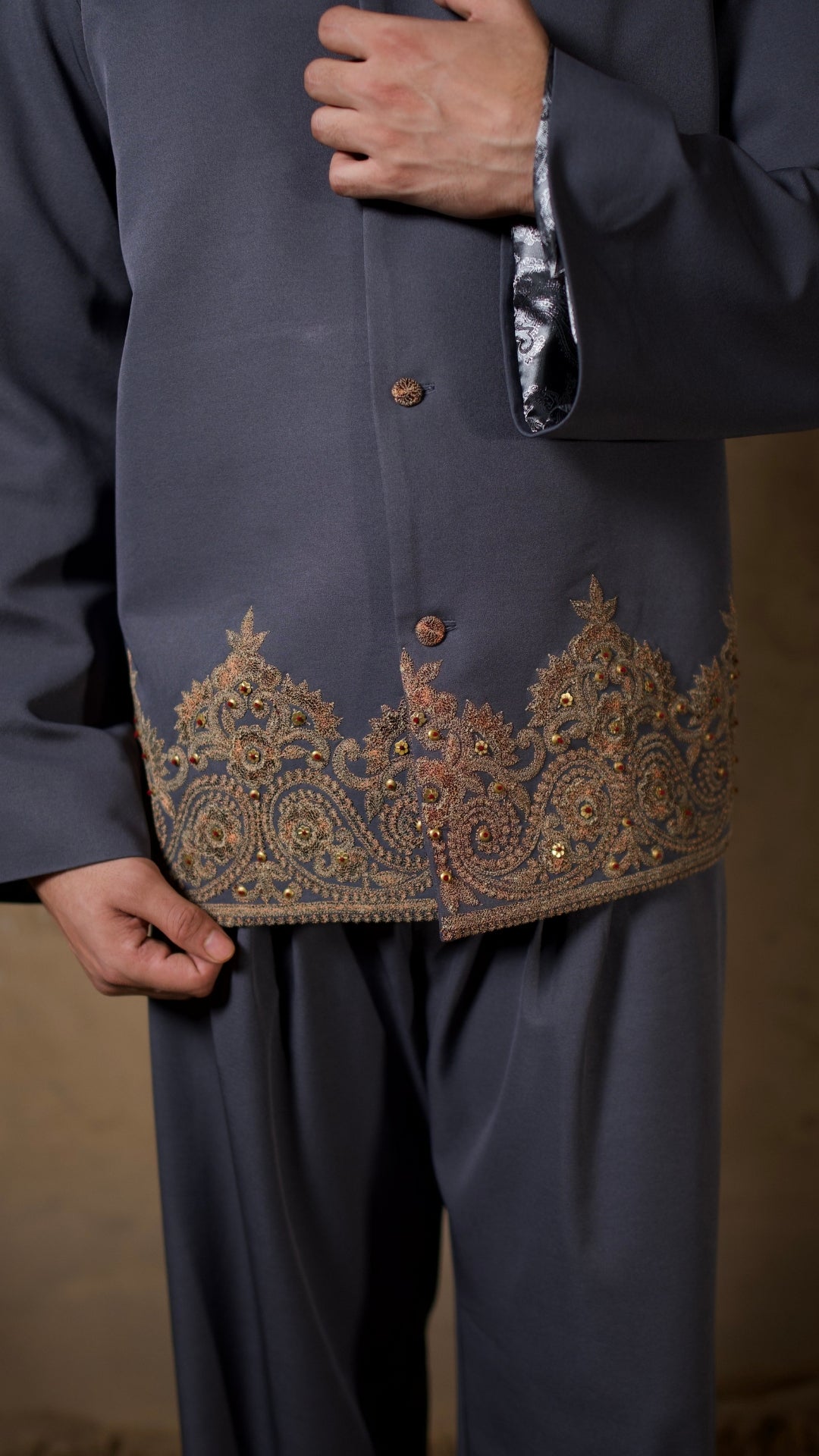 Grey Embroidered Coat and Pants