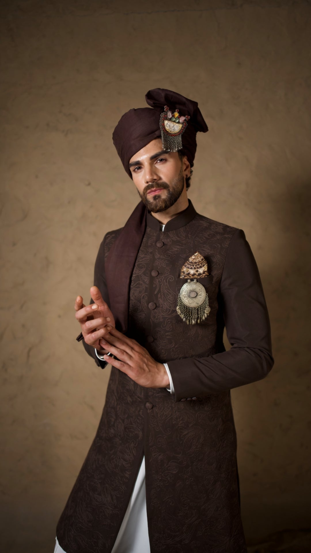 Brown Embroidered Sherwani with Kurta Salwar