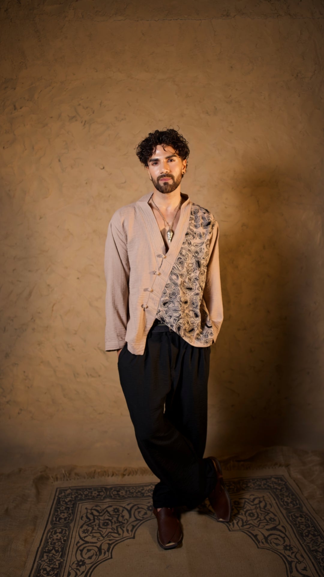 Beige Embroidered Shirt with Pants