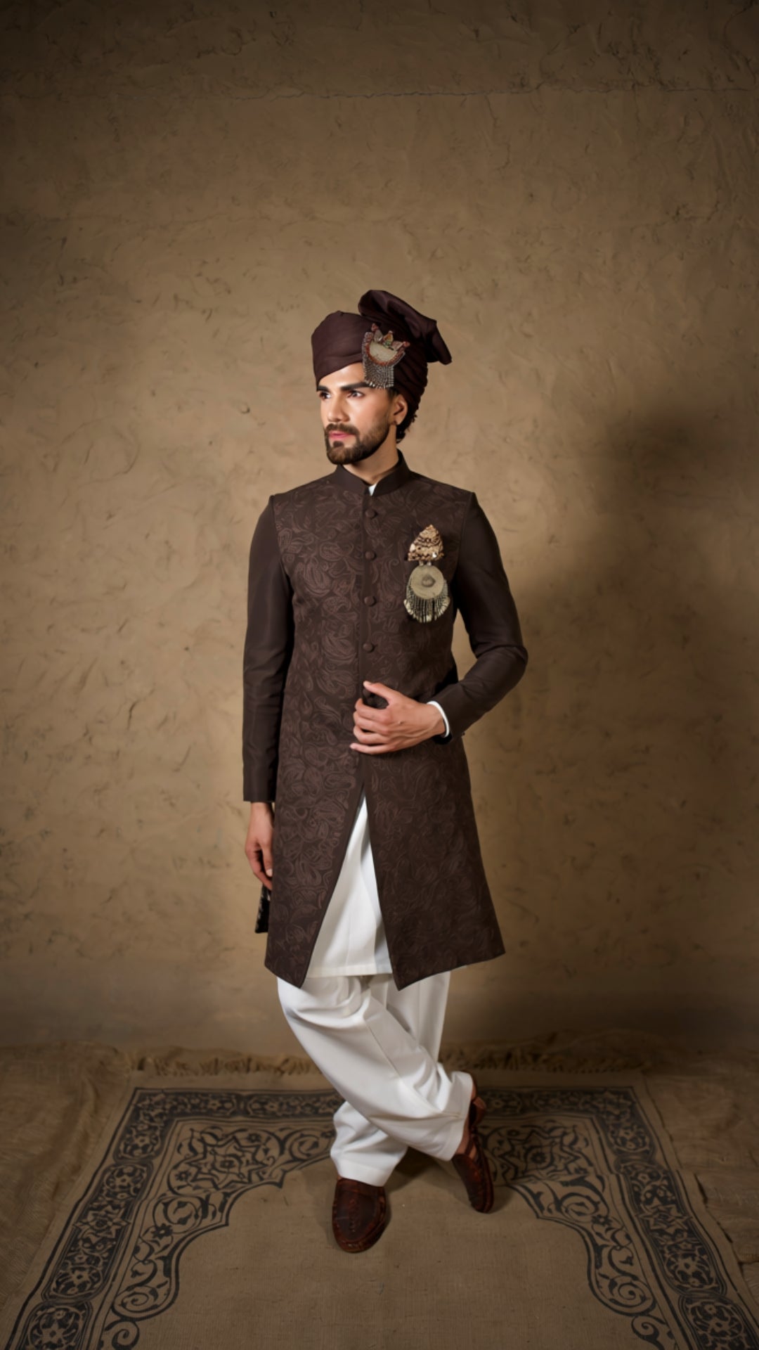 Brown Embroidered Sherwani with Kurta Salwar