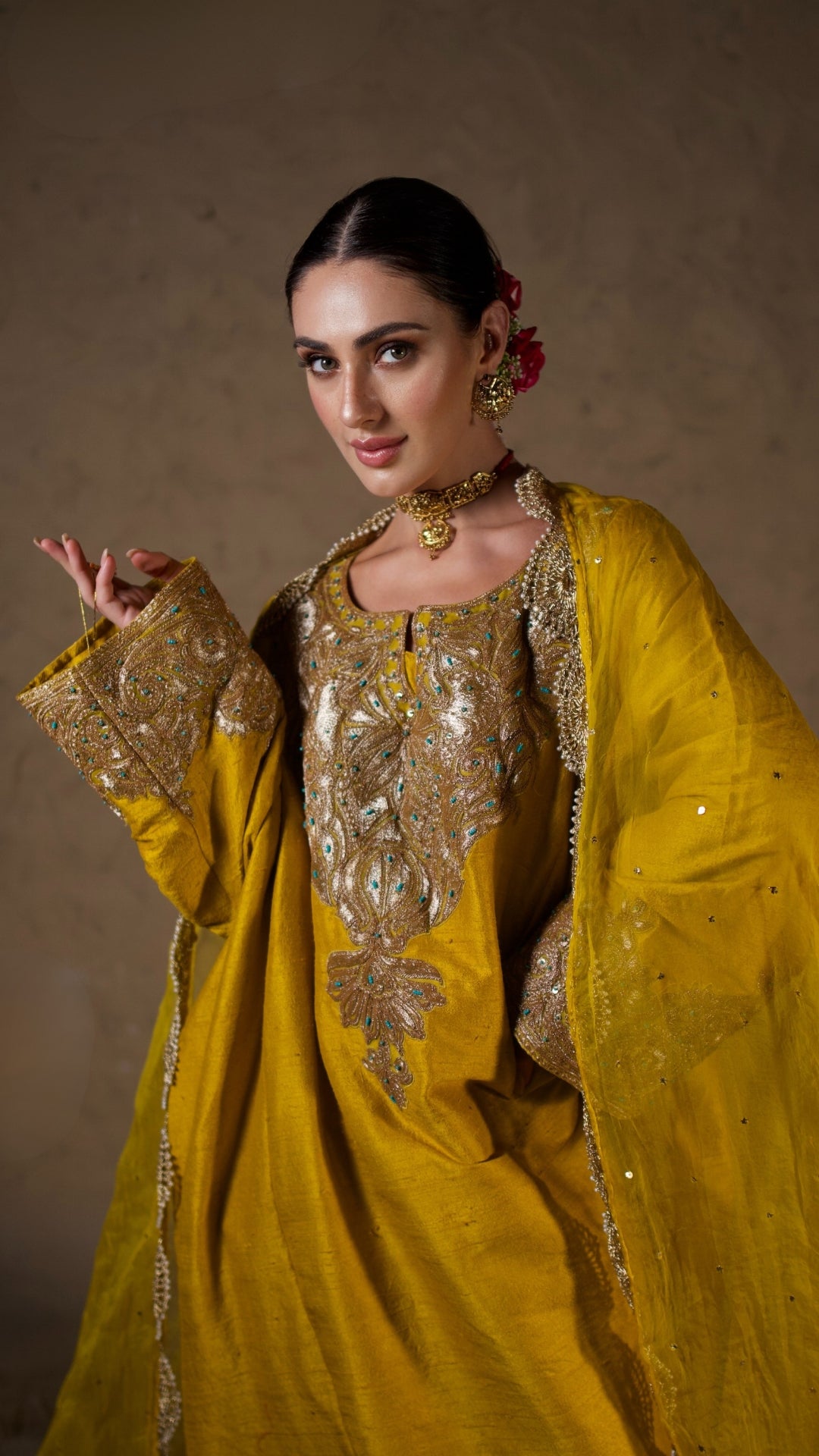 Mustard Tilla Embroidered Pheran Salwar with Dupatta