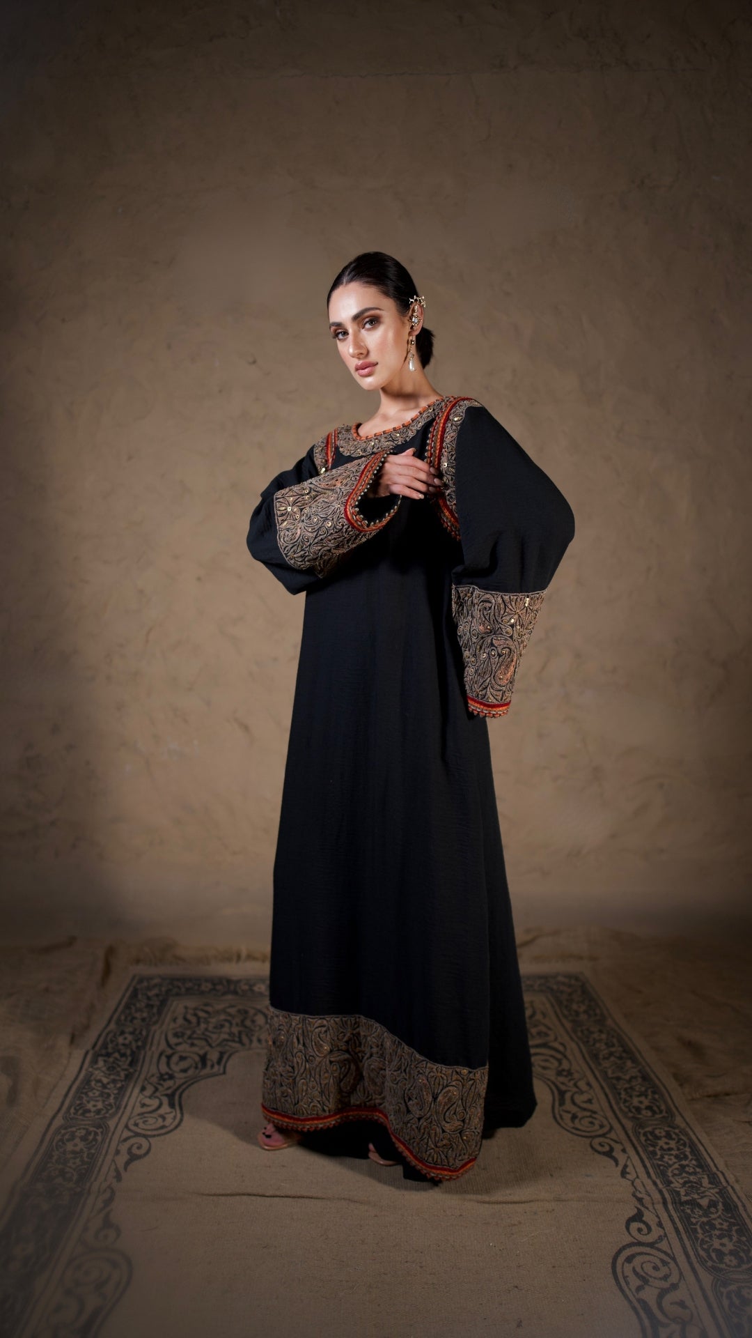 Black Tilla and Hand Embroidered Longline Kurta Salwar Stole