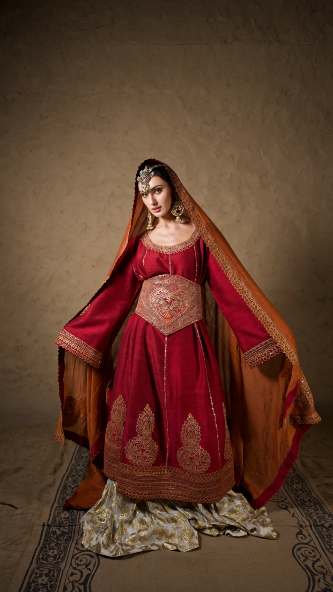 Maroon Tilla Embroidered Kalidar Corset & Kali Sharara with Embroidered Dupatta