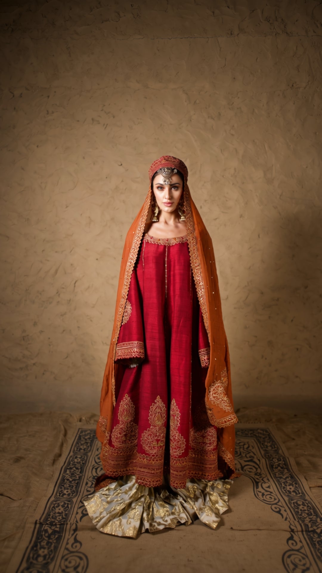 Maroon Tilla Embroidered Kalidar & Kali Sharara with Embroidered Dupatta