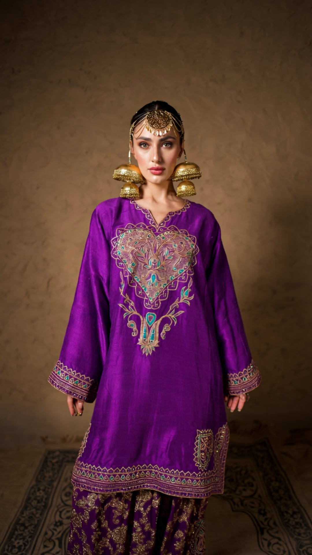 Purple Tilla Embroidered Short Pheran Farshi Salwar with Dupatta