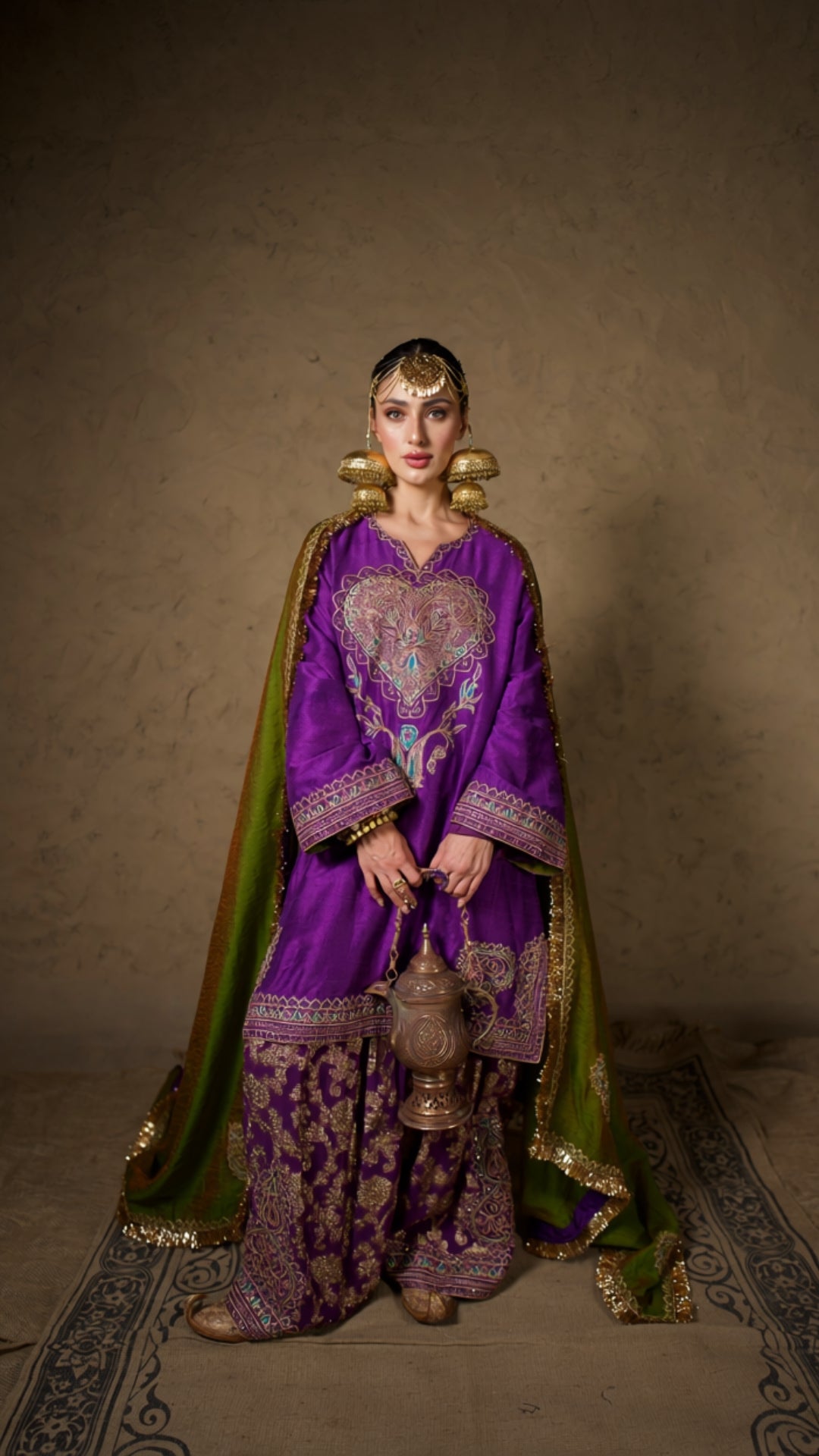 Purple Tilla Embroidered Short Pheran Farshi Salwar with Dupatta