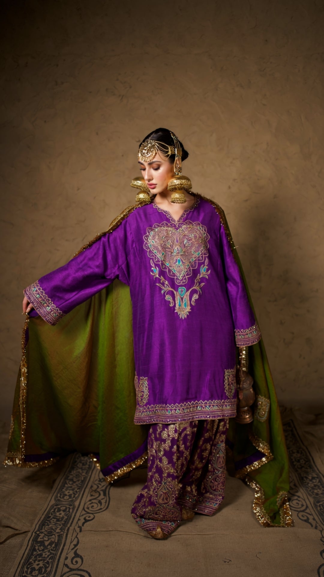 Purple Tilla Embroidered Short Pheran Farshi Salwar with Dupatta
