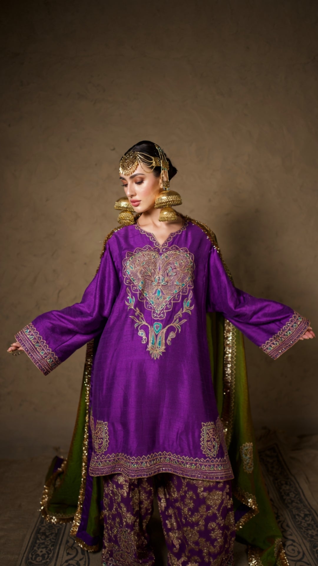 Purple Tilla Embroidered Short Pheran Farshi Salwar with Dupatta