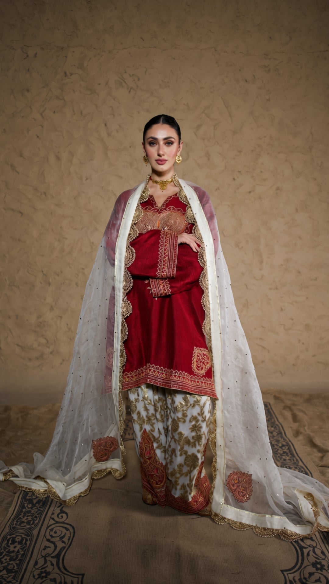 Maroon Tilla Embroidered Pheran Farshi Salwar with Dupatta
