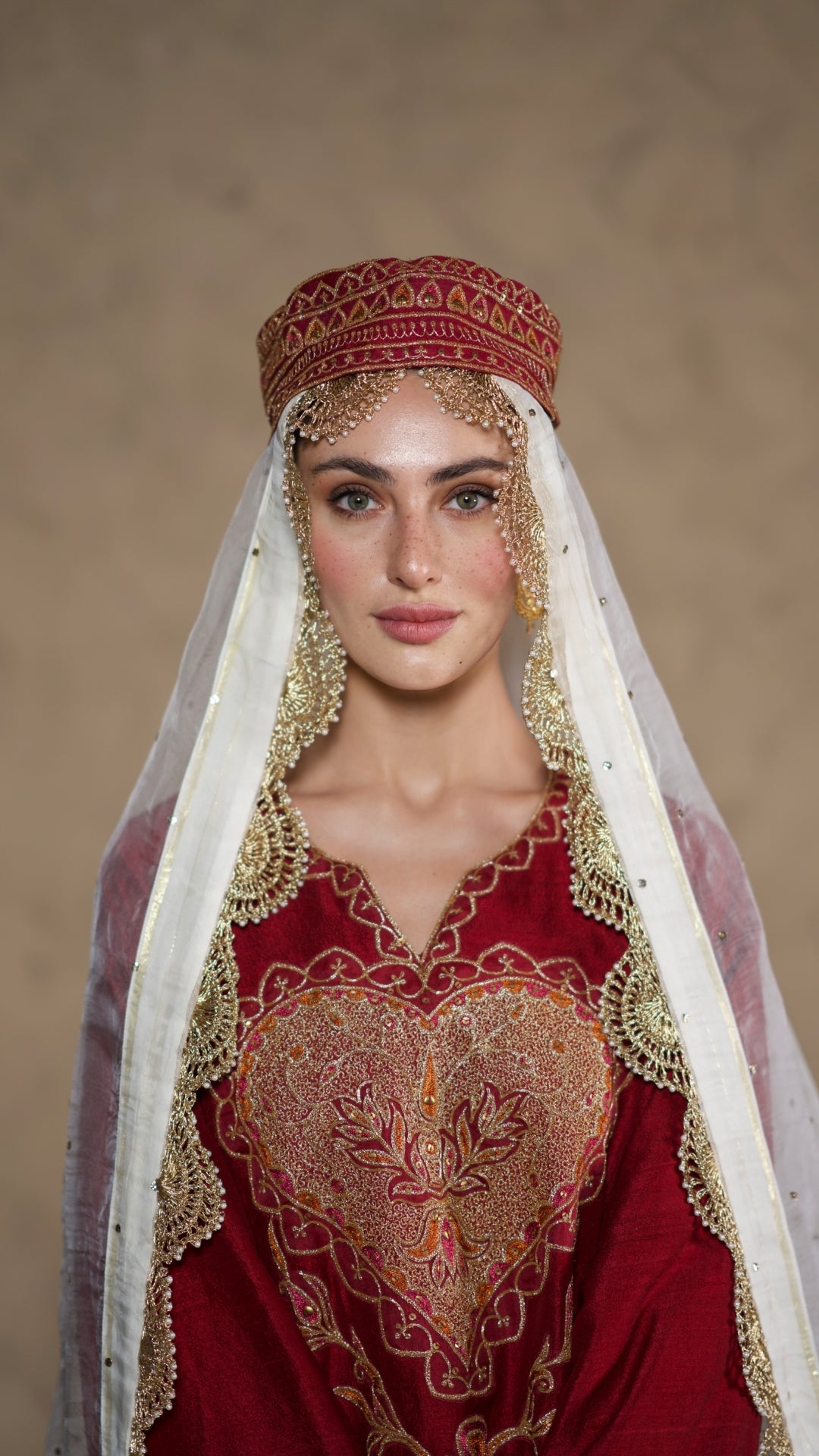Maroon Tilla Embroidered Pheran Farshi Salwar with Dupatta