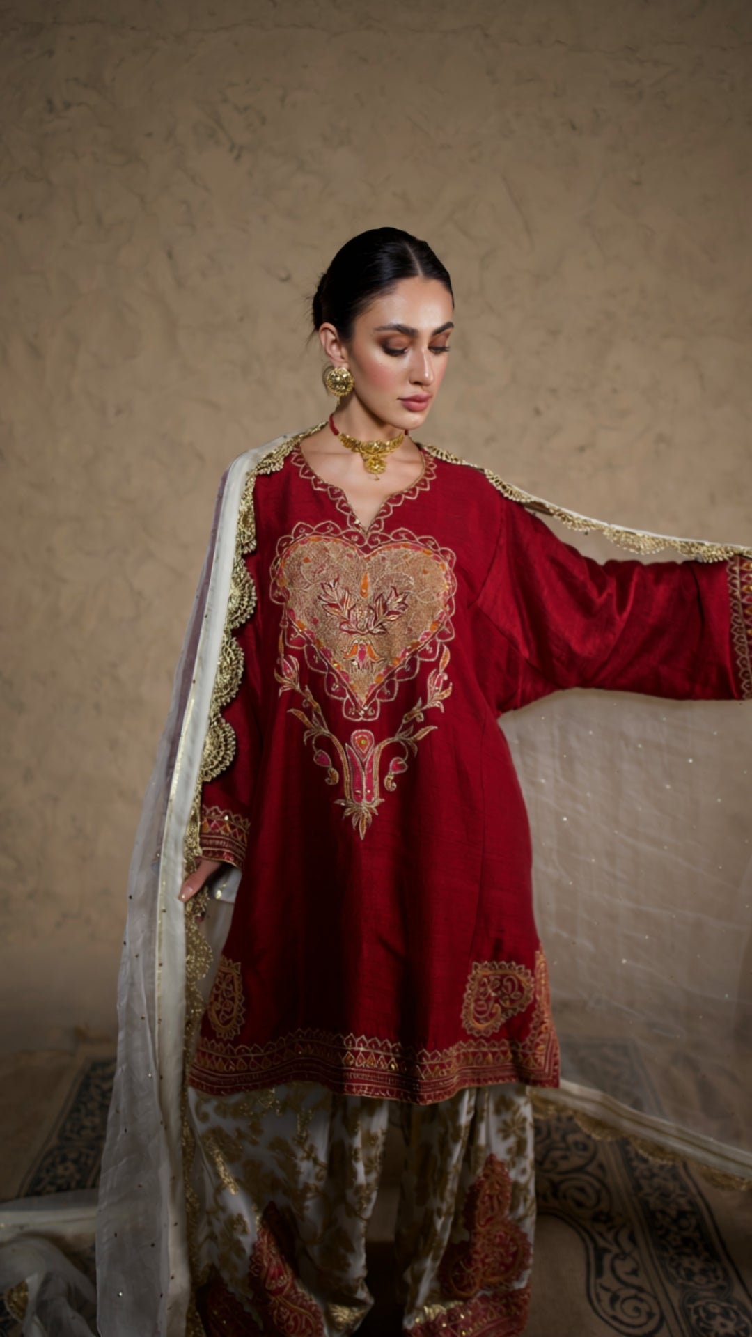 Maroon Tilla Embroidered Pheran Farshi Salwar with Dupatta