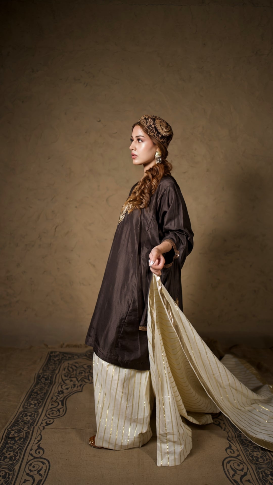 Brown Qurab Sleeve Pheran Farshi Salwar with Dupatta