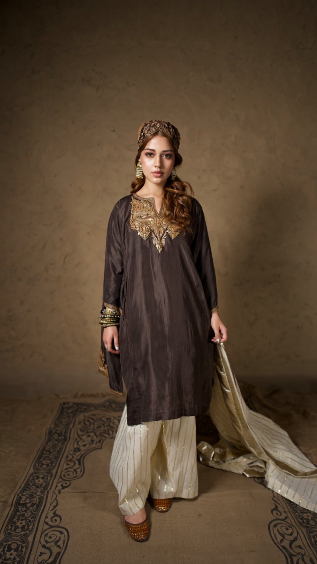 Brown Qurab Sleeve Pheran Farshi Salwar with Dupatta