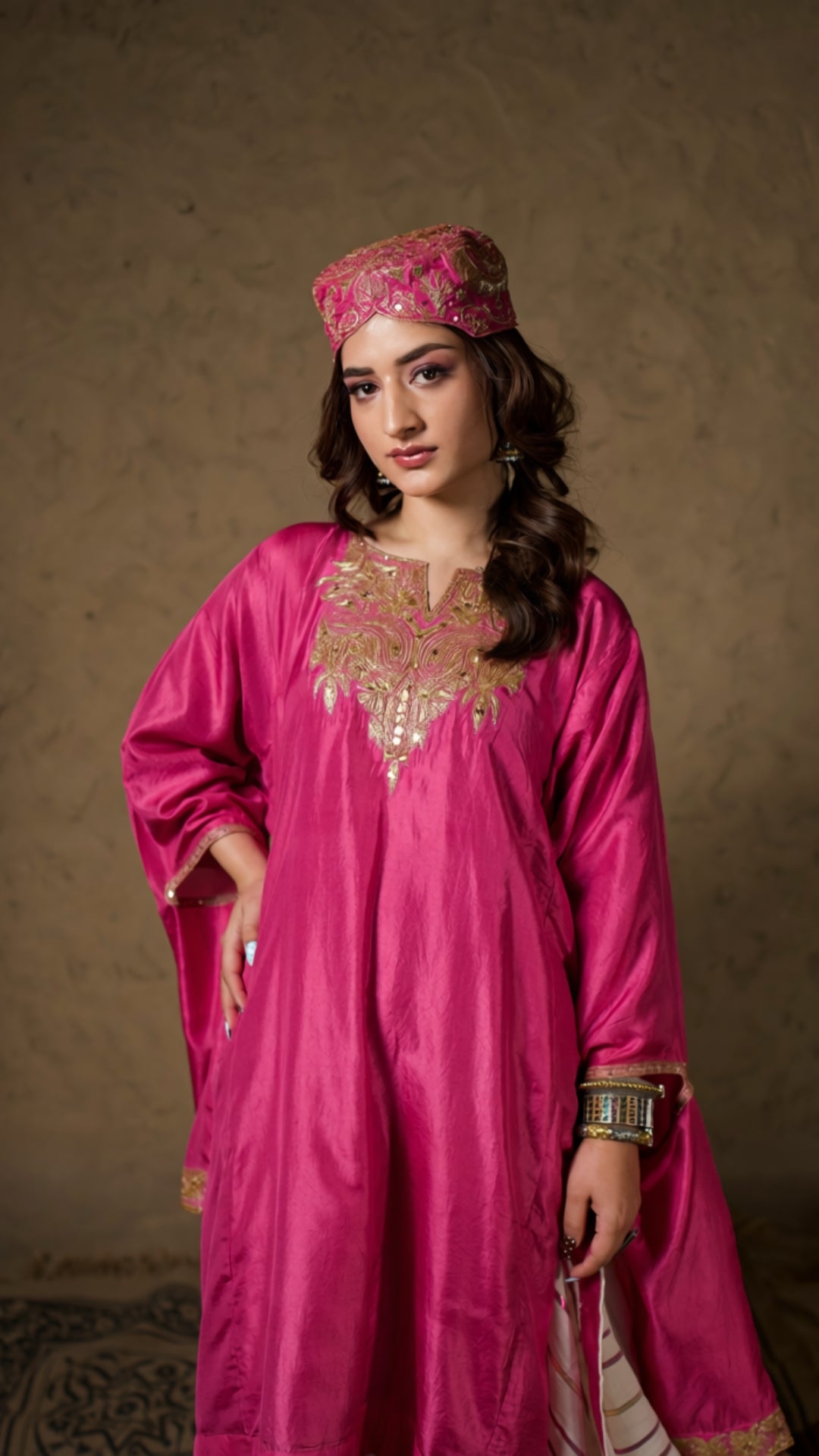 Pink Qurab Sleeve Pheran Farshi Salwar with Dupatta
