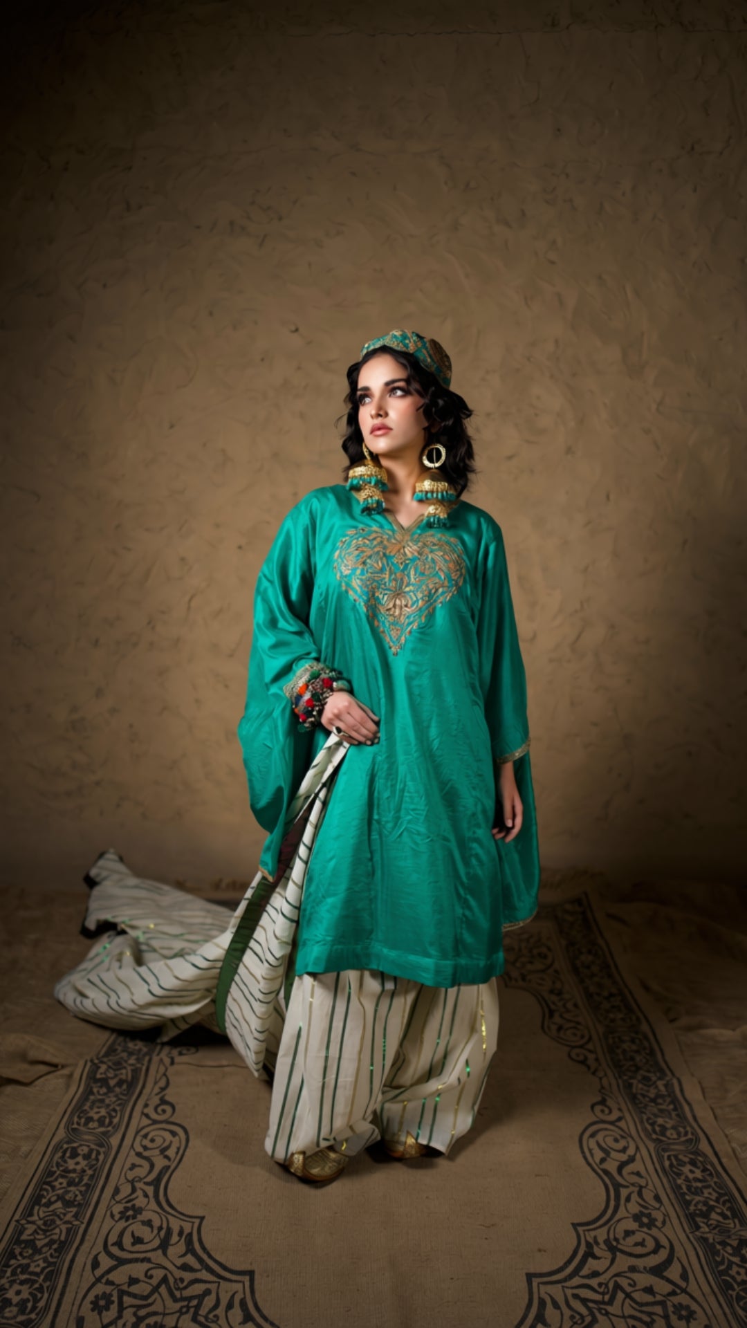Teal Green Qurab Sleeve Pheran Farshi Salwar with Dupatta