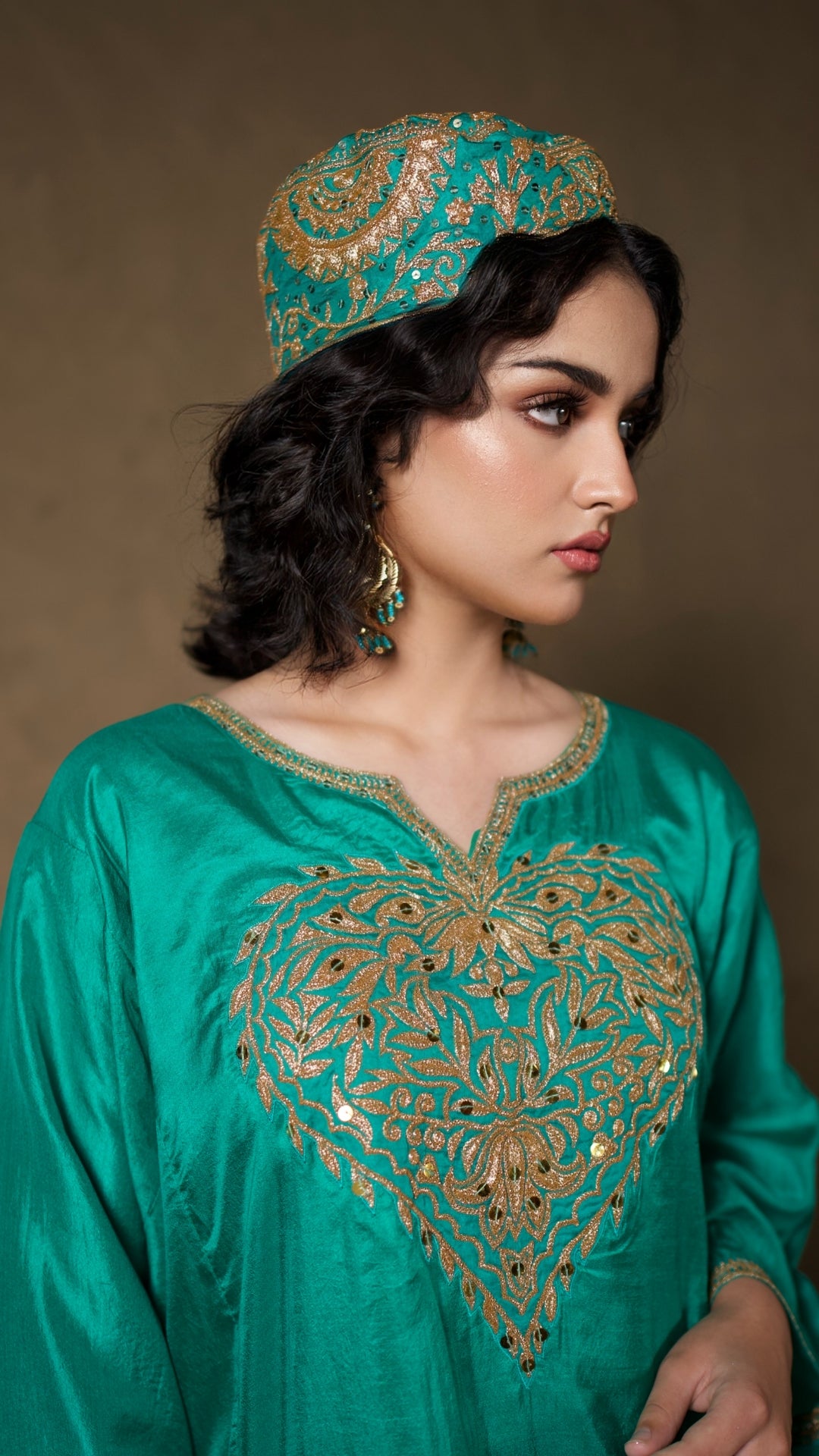 Teal Green Qurab Sleeve Pheran Farshi Salwar with Dupatta