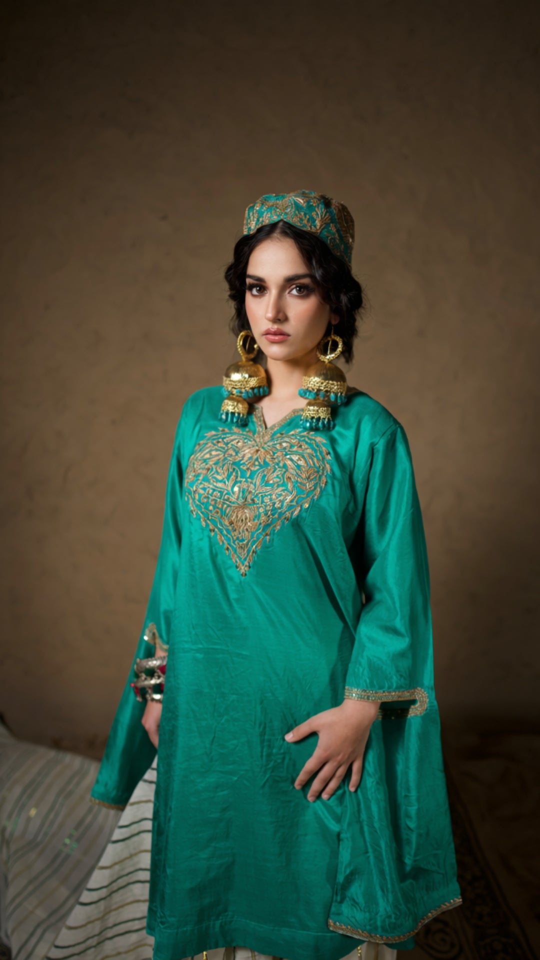 Teal Green Qurab Sleeve Pheran Farshi Salwar with Dupatta