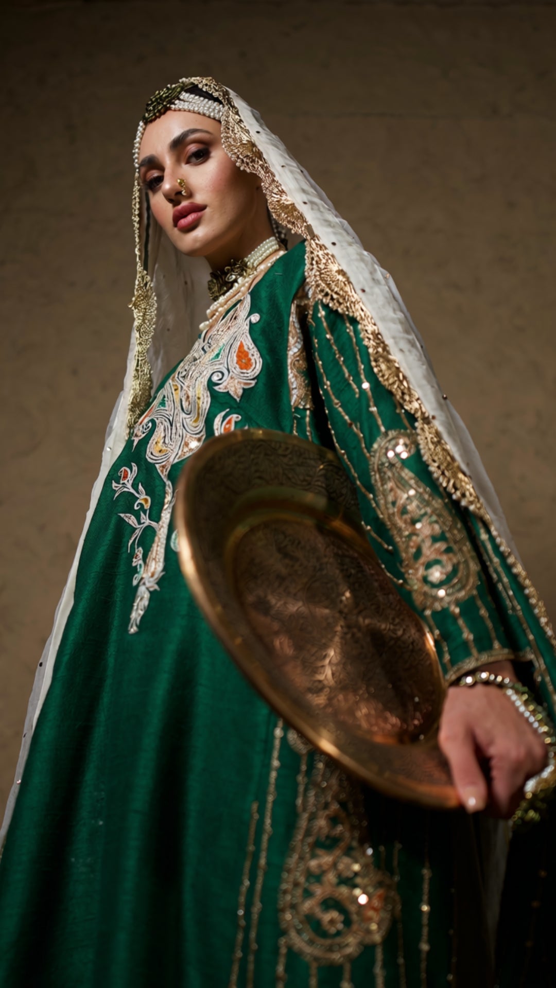 Green Tilla Embroidered Pheran with Slits Farshi Salwar with Dupatta