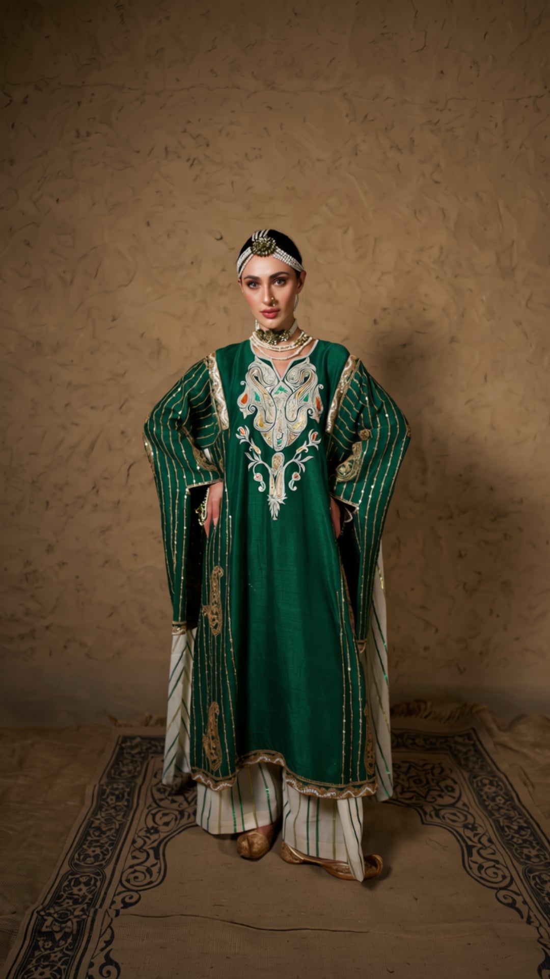 Green Tilla Embroidered Pheran with Slits Farshi Salwar with Dupatta