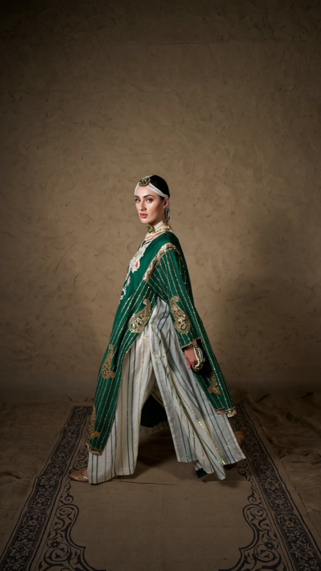 Green Tilla Embroidered Pheran with Slits Farshi Salwar with Dupatta