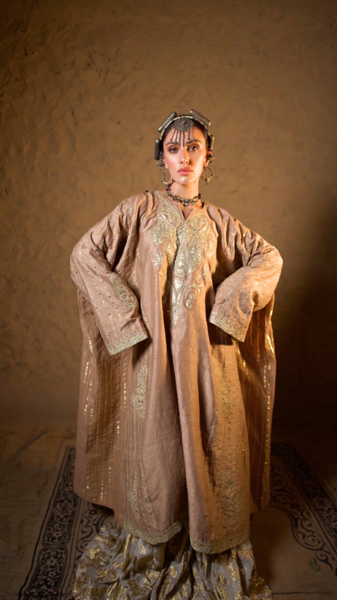 Potato Beige Tilla Embroidered Pheran Salwar with Dupatta