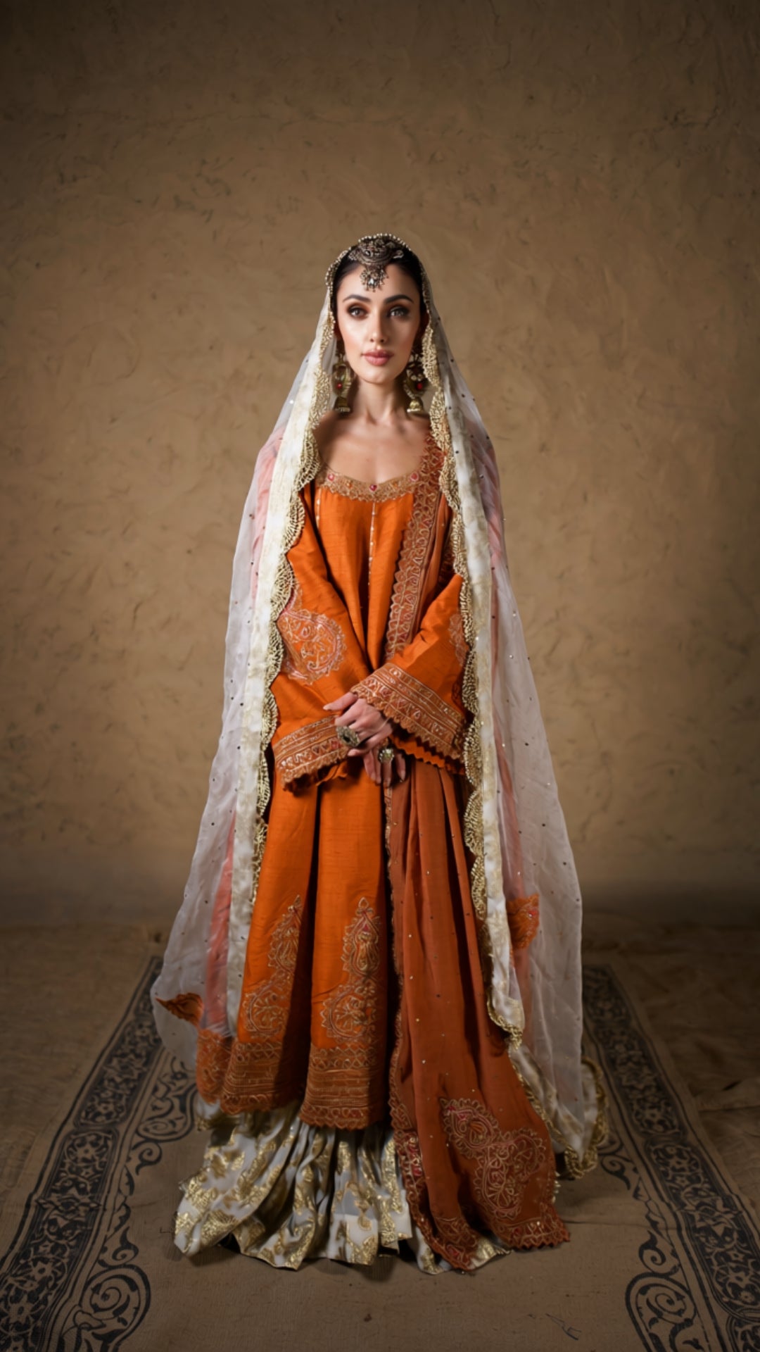 Burnt Orange Tilla Embroidered Kalidar & Kali Sharara with Embroidered Dupatta
