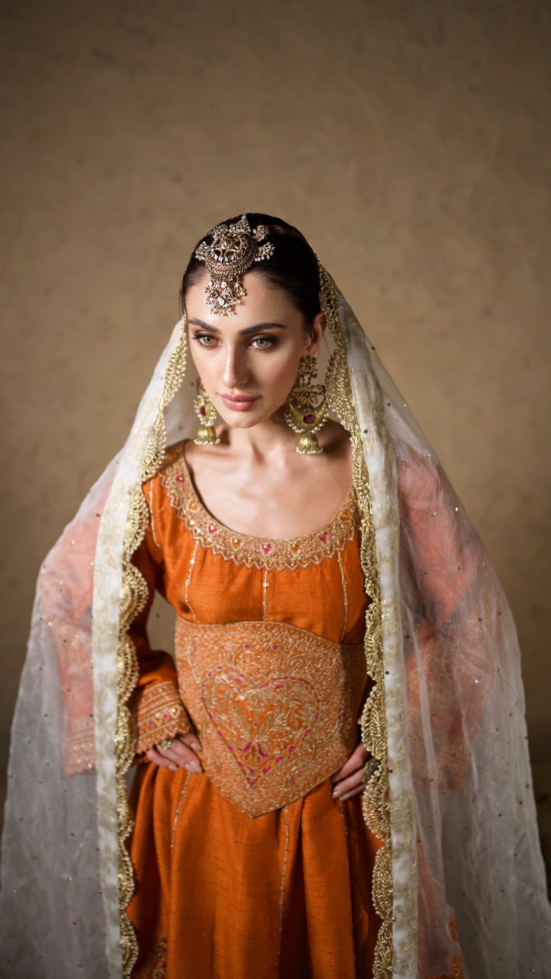 Burnt Orange Tilla Embroidered Kalidar Corset & Kali Sharara with Embroidered Dupatta