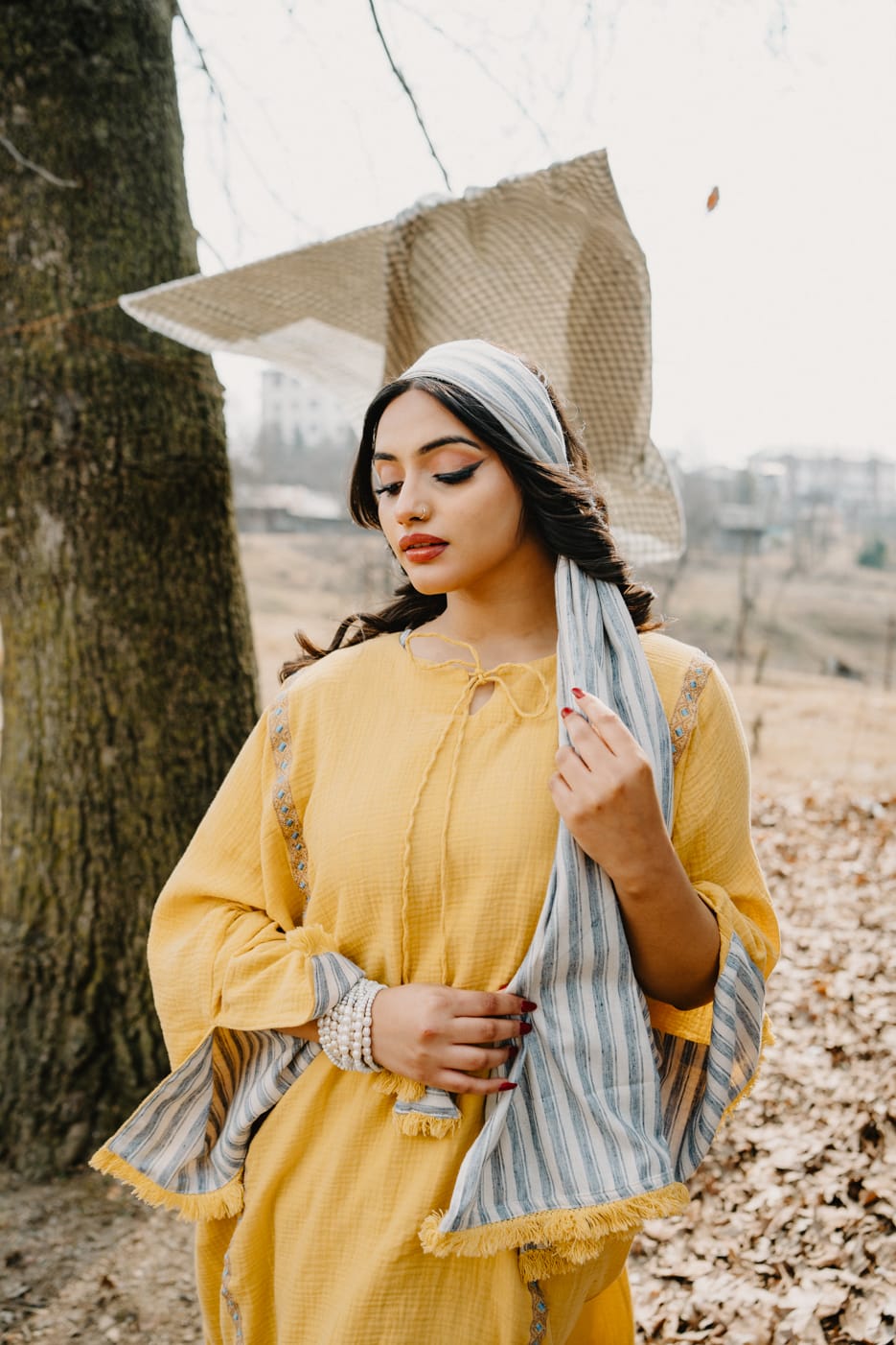 Yellow Pheran Check Inner Farshi Salwar Striped Dupatta