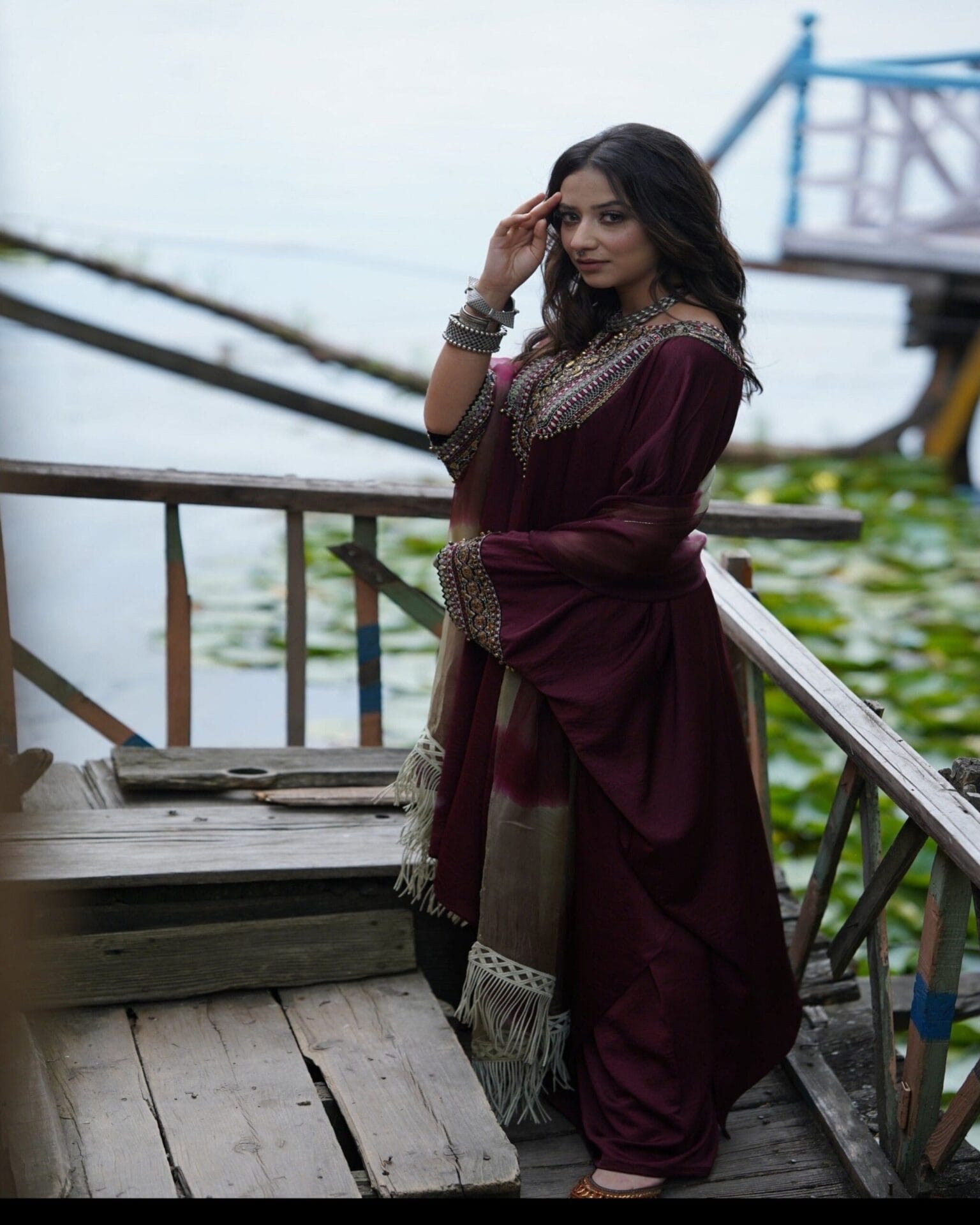 Maroon Hand Embroidered Kaftaan Palazzo Organza Dupatta