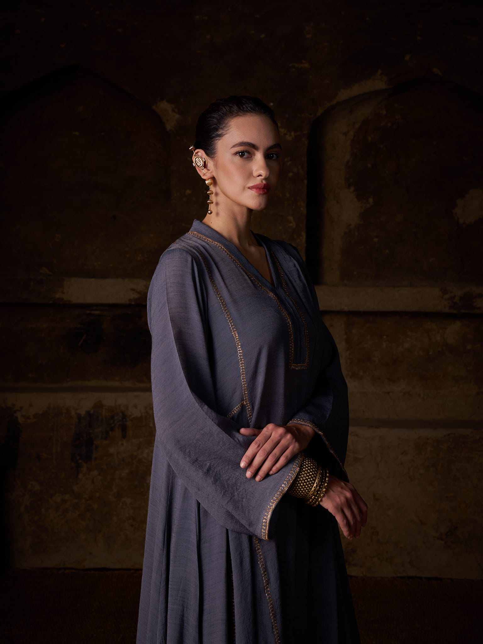 Grey Tilla Embroidered Round Kurta Palazzo Linen Crepe Dupatta