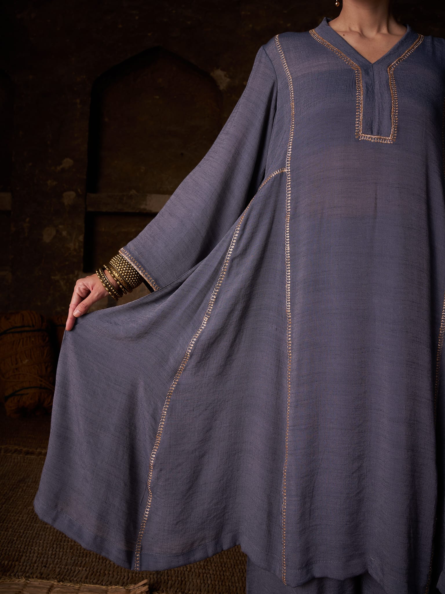 Grey Tilla Embroidered Round Kurta Palazzo Linen Crepe Dupatta
