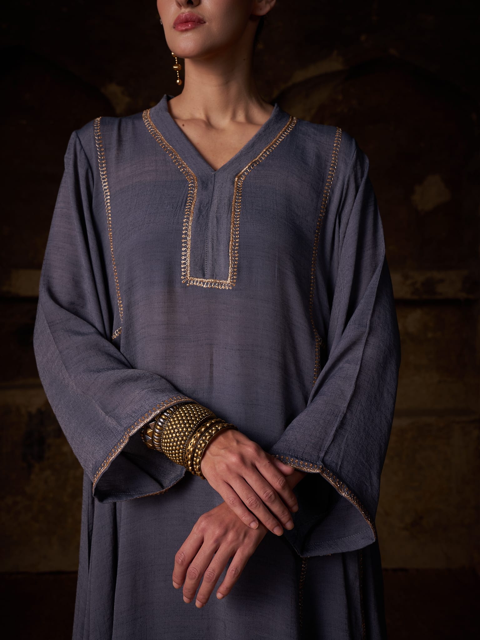 Grey Tilla Embroidered Round Kurta Palazzo Linen Crepe Dupatta