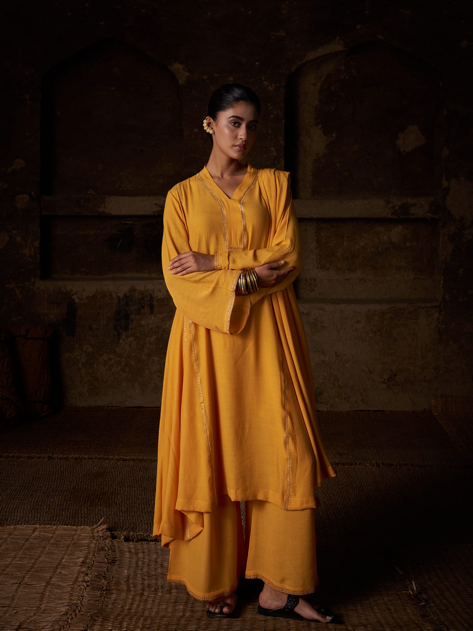 Yellow Tilla Embroidered Round Kurta Palazzo Linen Crepe Dupatta