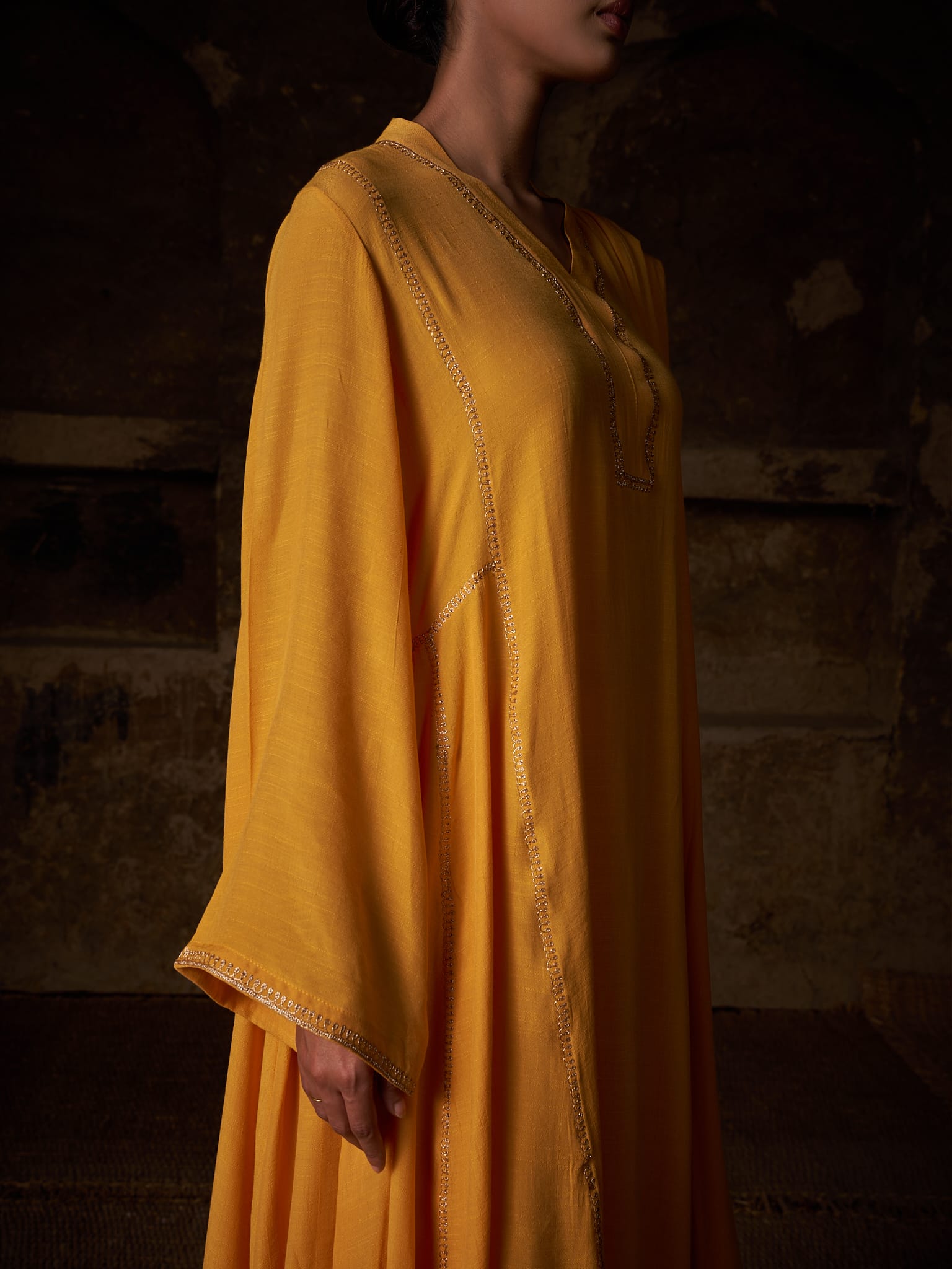 Yellow Tilla Embroidered Round Kurta Palazzo Linen Crepe Dupatta