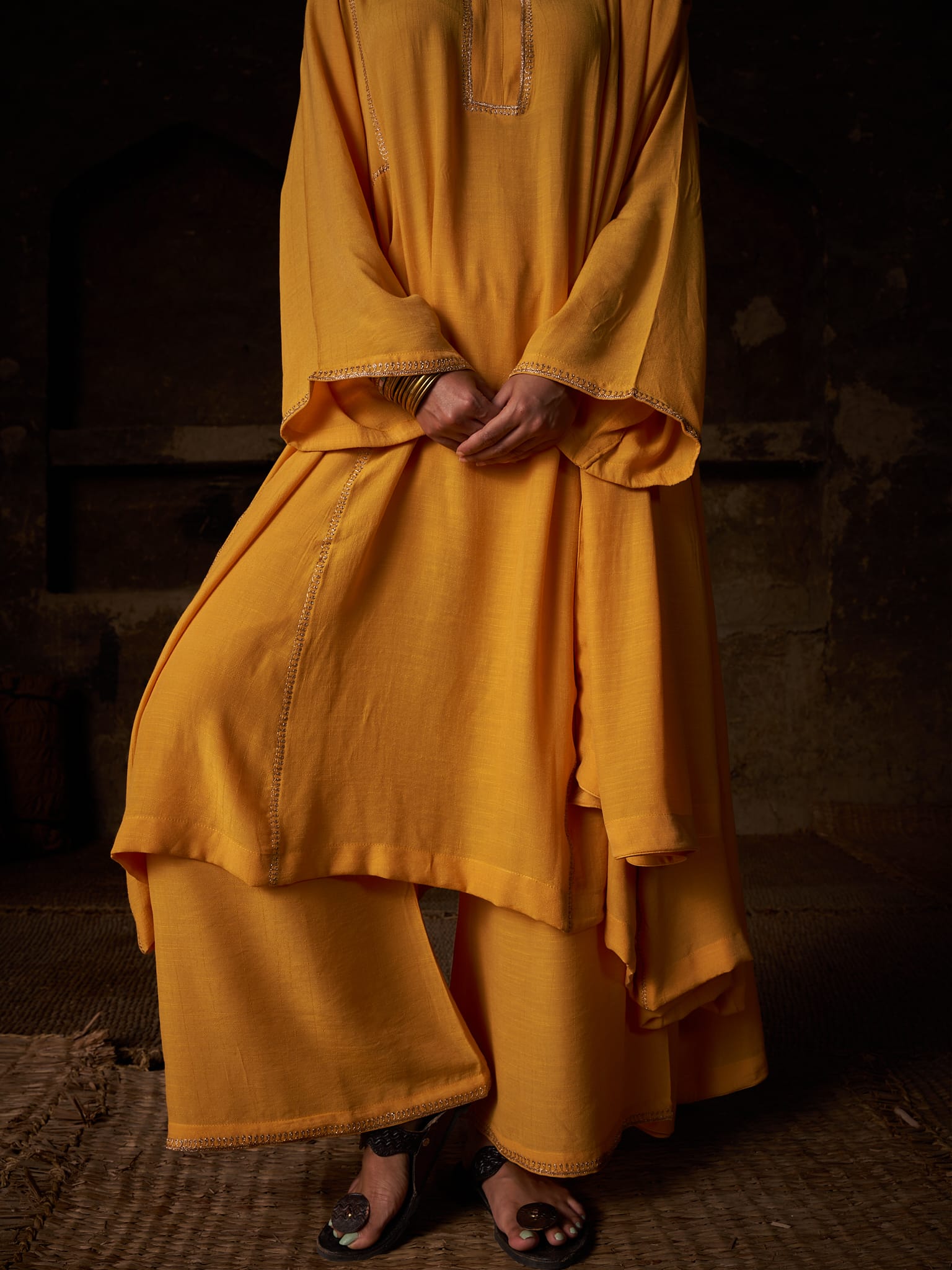 Yellow Tilla Embroidered Round Kurta Palazzo Linen Crepe Dupatta