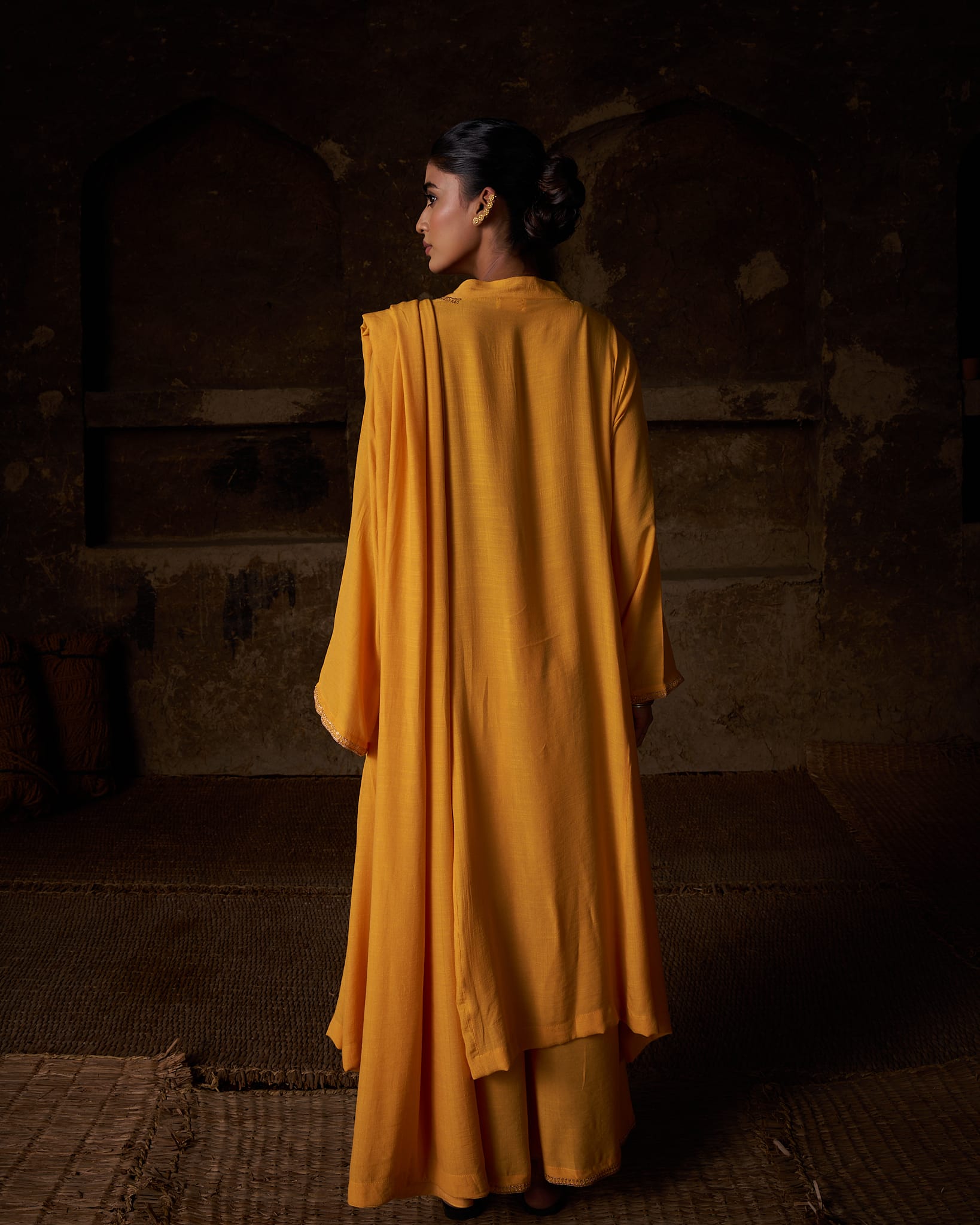 Yellow Tilla Embroidered Round Kurta Palazzo Linen Crepe Dupatta
