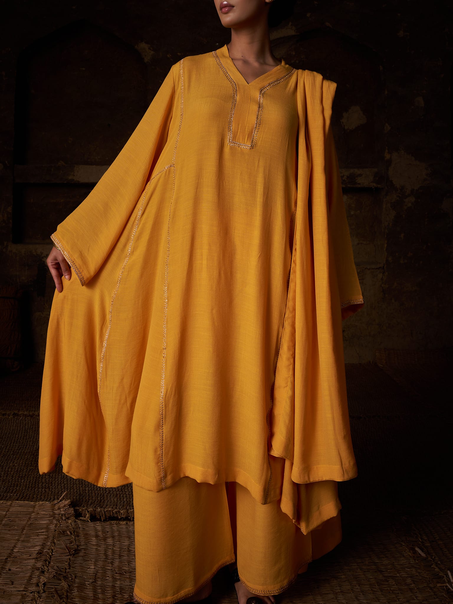 Yellow Tilla Embroidered Round Kurta Palazzo Linen Crepe Dupatta