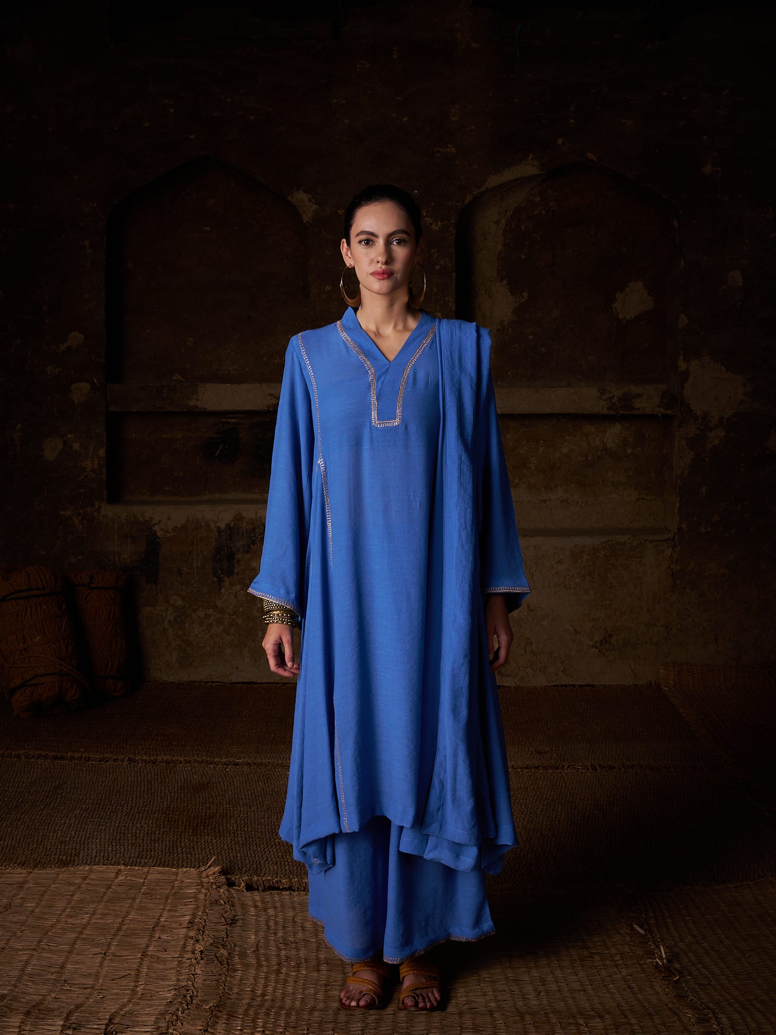 Blue Tilla Embroidered Round Kurta Palazzo Linen Crepe Dupatta
