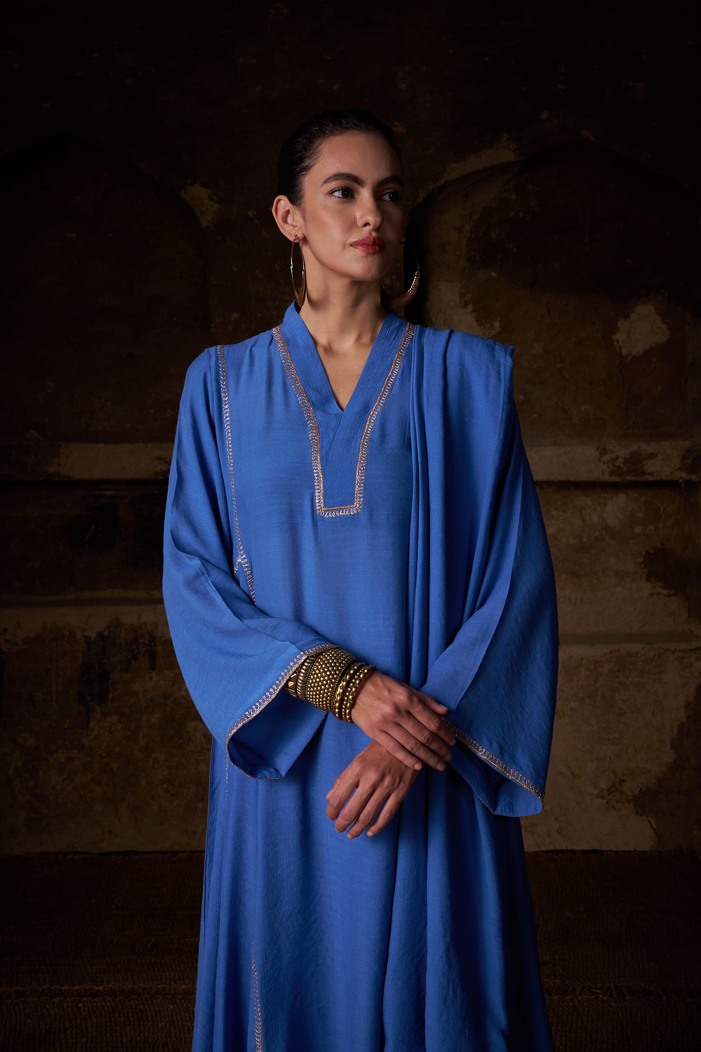 Blue Tilla Embroidered Round Kurta Palazzo Linen Crepe Dupatta