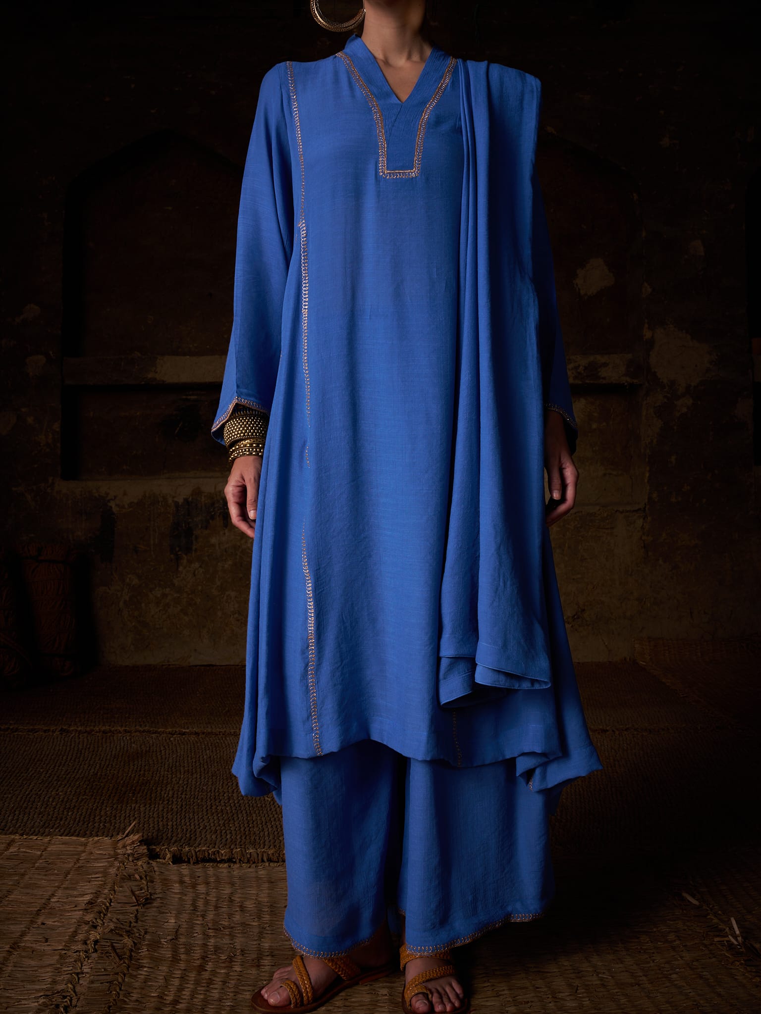 Blue Tilla Embroidered Round Kurta Palazzo Linen Crepe Dupatta