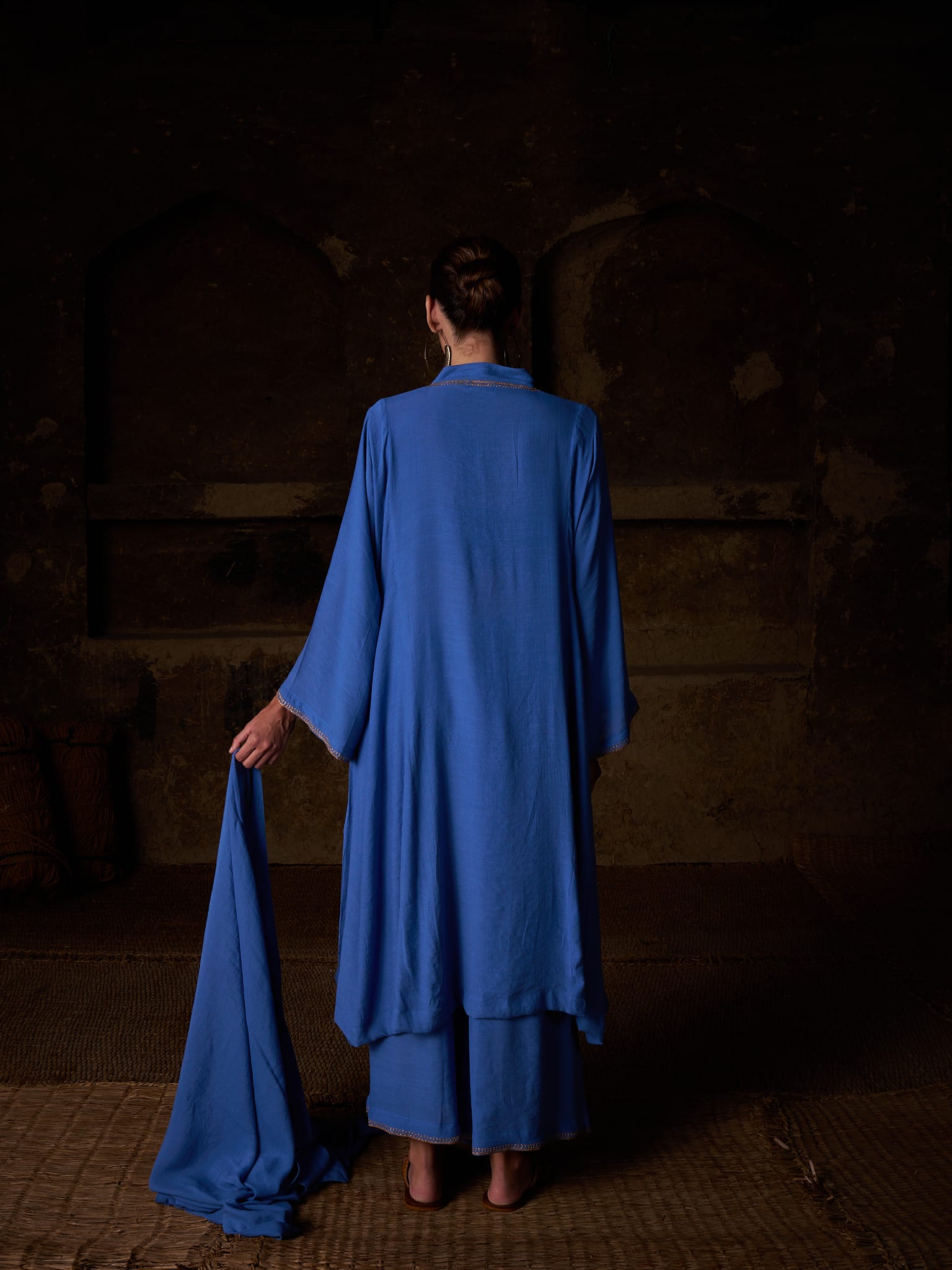 Blue Tilla Embroidered Round Kurta Palazzo Linen Crepe Dupatta