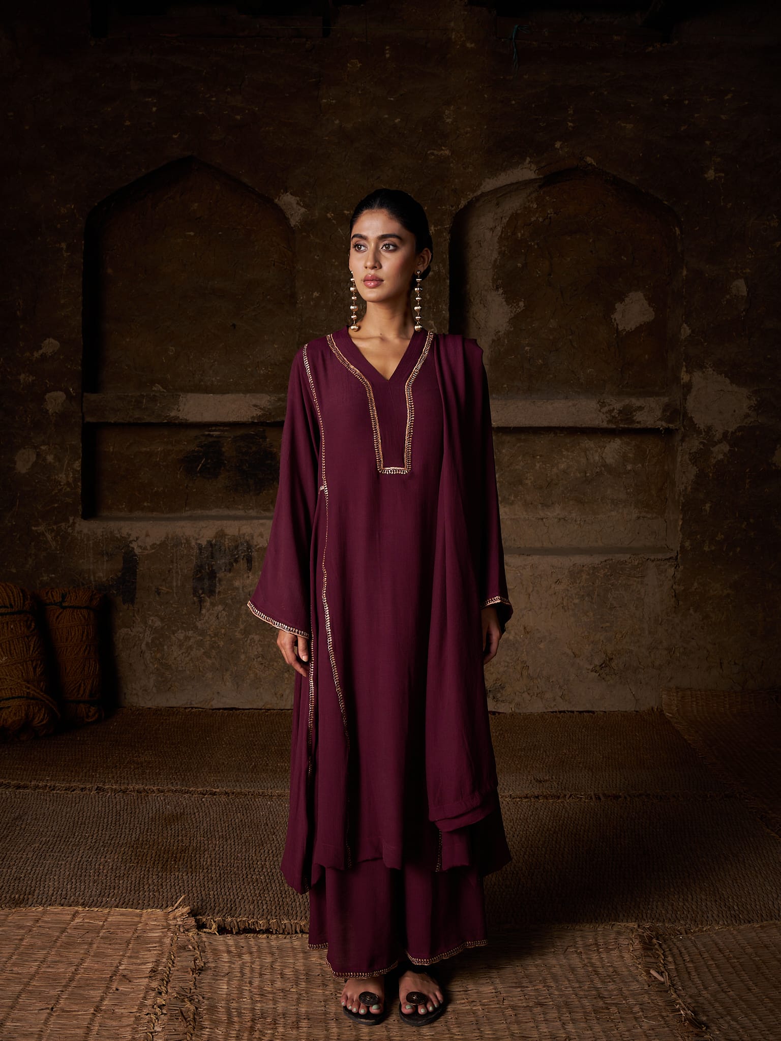 Maroon Tilla Embroidered Round Kurta Palazzo Linen Crepe Dupatta