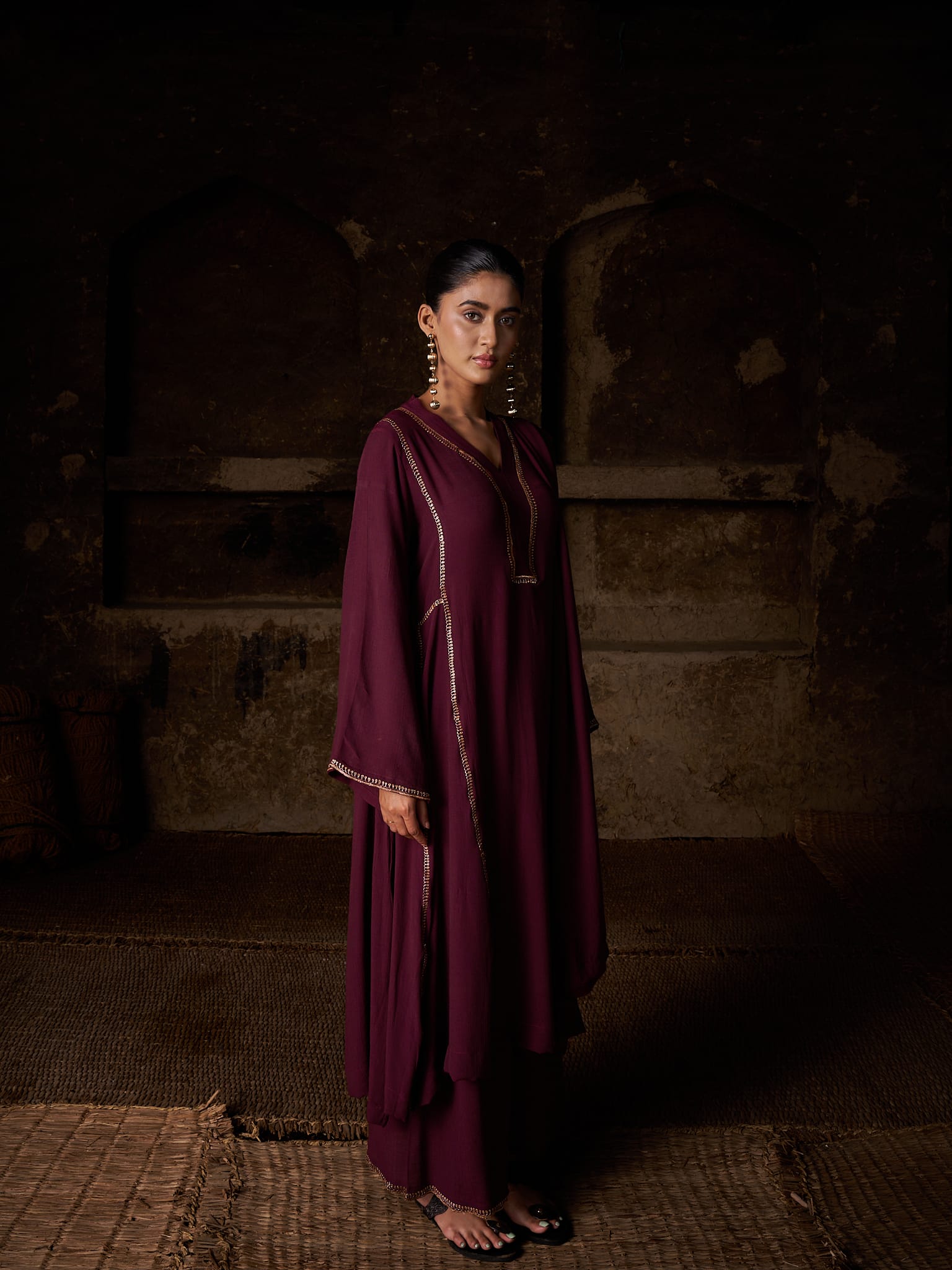Maroon Tilla Embroidered Round Kurta Palazzo Linen Crepe Dupatta