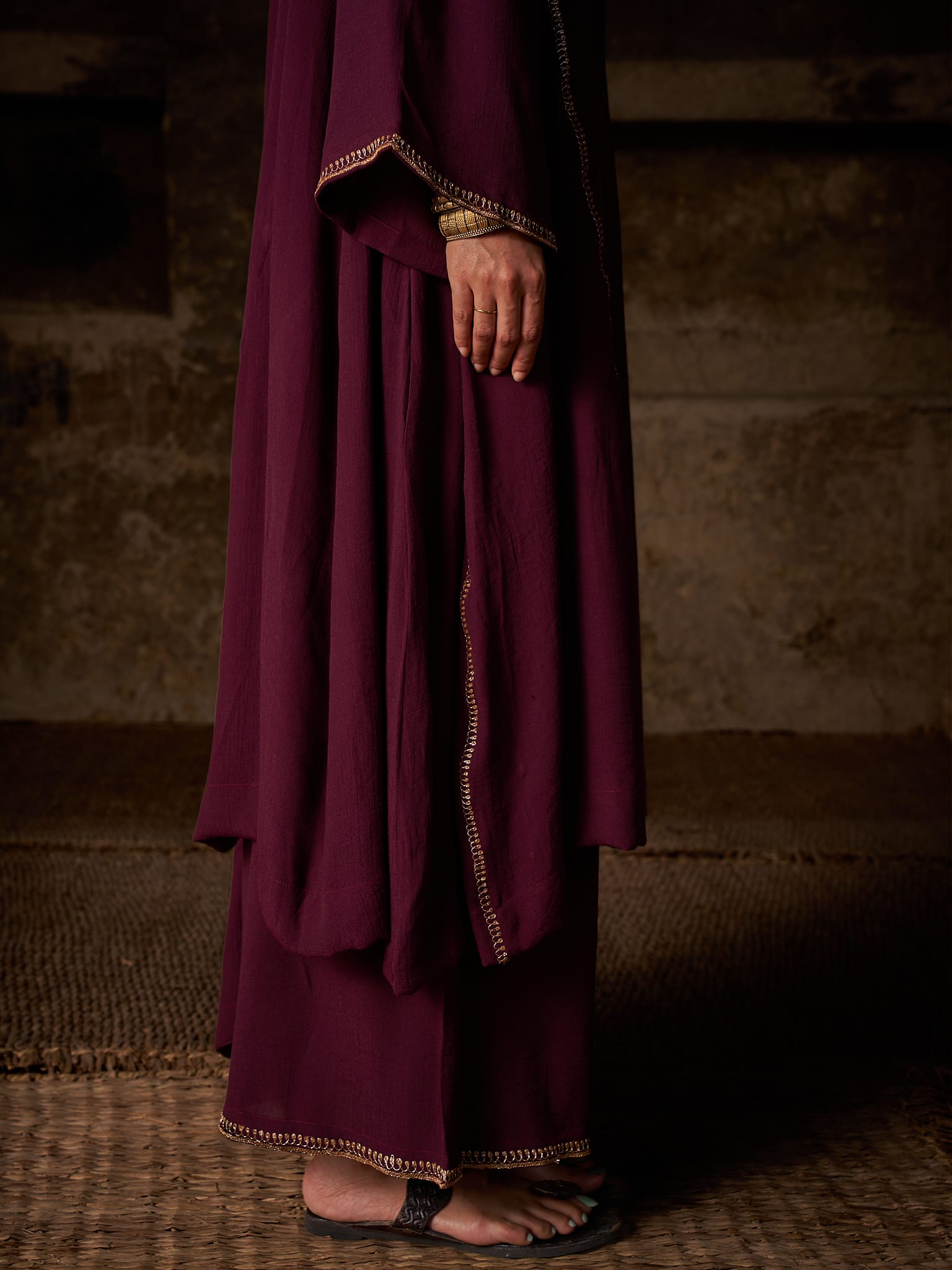 Maroon Tilla Embroidered Round Kurta Palazzo Linen Crepe Dupatta