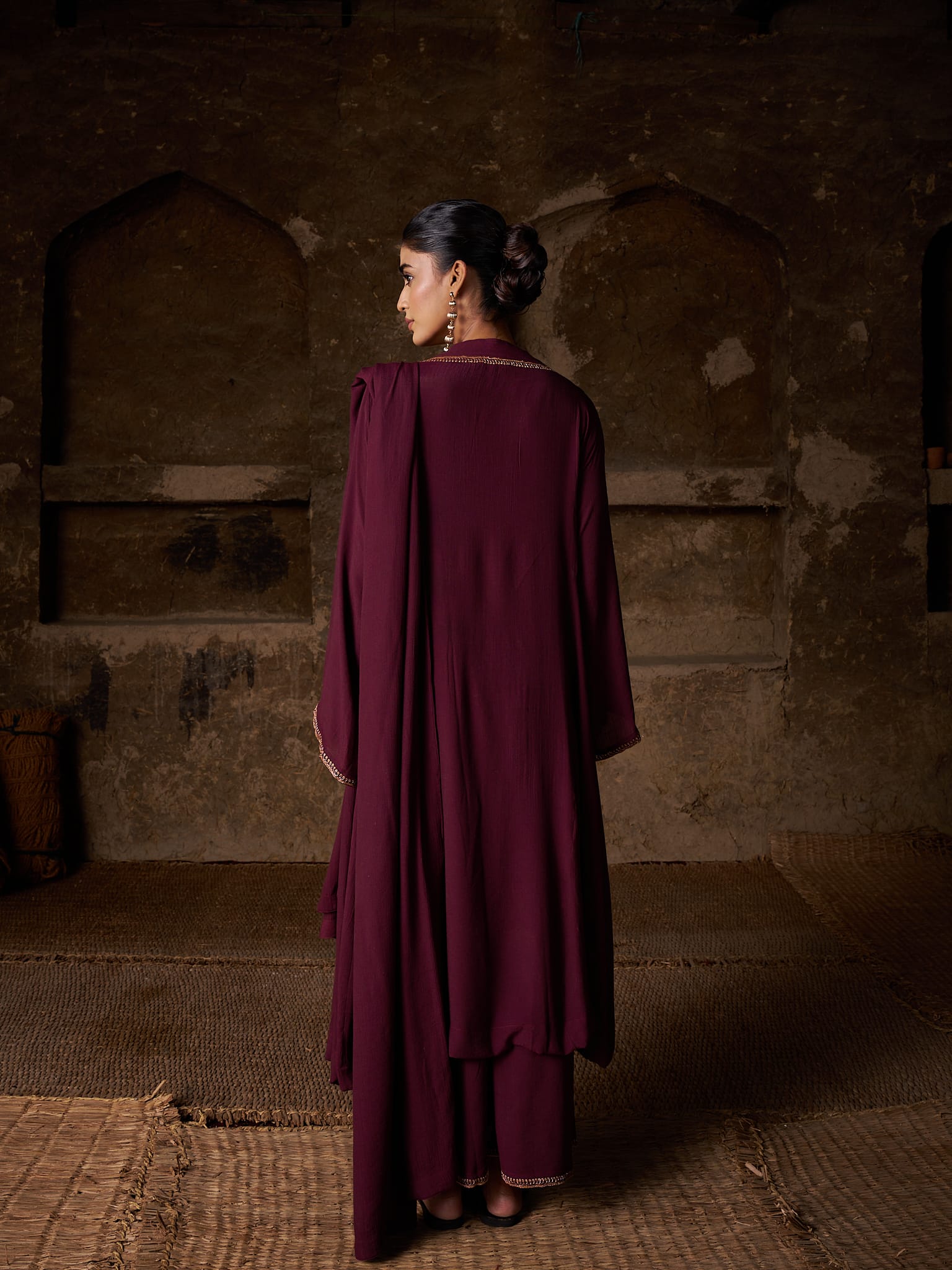 Maroon Tilla Embroidered Round Kurta Palazzo Linen Crepe Dupatta