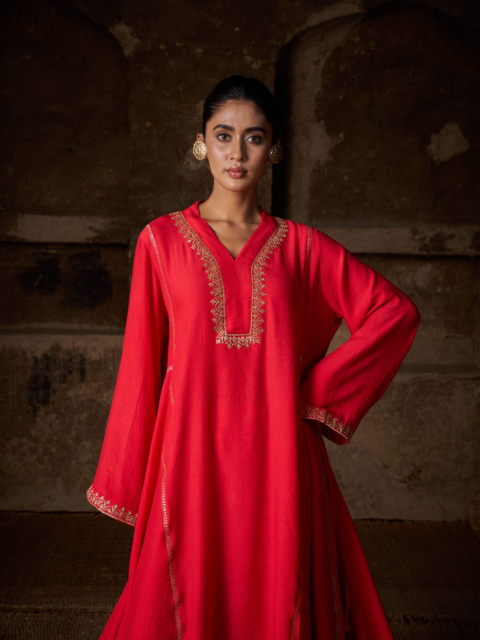Red Tilla Embroidered Round Kurta palazzo Linen Crepe Dupatta